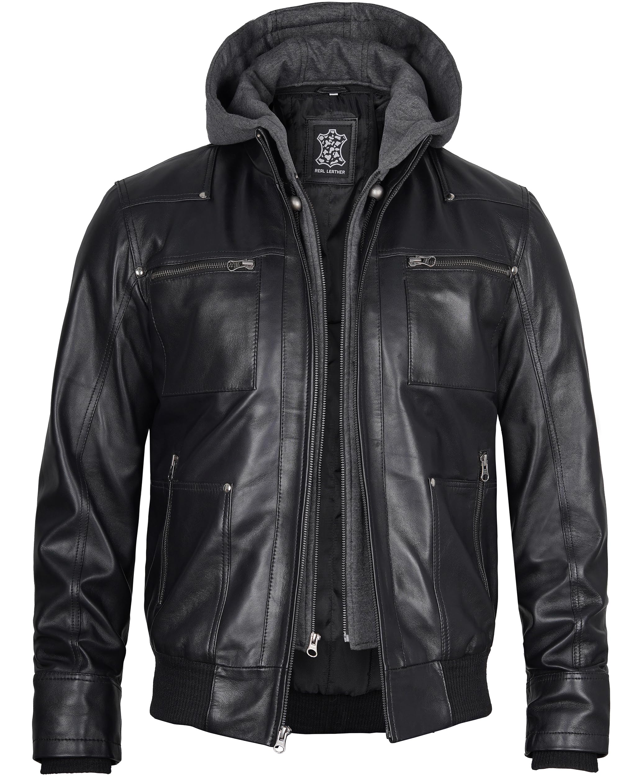 Decrum Men's Hooded Leather Bomber Jacket - Premium Genuine Leather with Removable Hood for Casual & Motorcycle Riding | Winter & Fall Outerwear