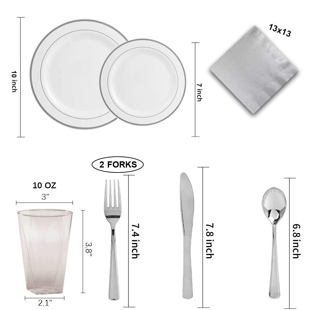 Premium 160-Piece Silver Plastic Dinnerware Set (20 Settings) - Elegant Disposable Plates, Forks, Spoons, Knives & Cups for Weddings, Parties & Special Events - Perfect for Catering, BBQs, Picnics & Formal Gatherings