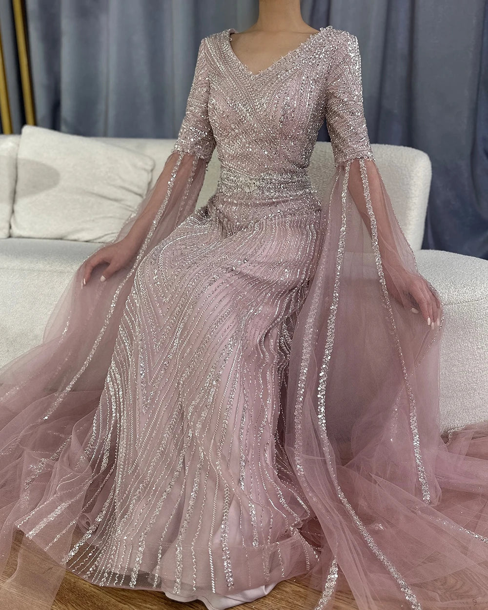 Luxury Dubai Caramel A-Line Beaded Saudi Arabic Evening Gown with Cape Sleeves - Elegant Wedding Party Dress for Brides, Formal Events & Special Occasions | LA72798