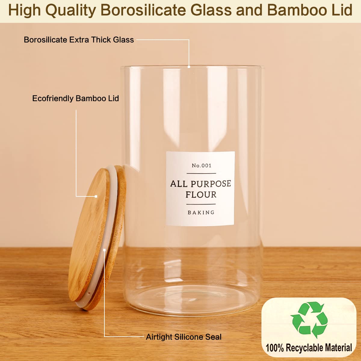 1 Gallon Large Glass Food Storage Containers with Airtight Bamboo Lid - Thick Clear Pantry Jars for Rice, Flour, Sugar & Dry Goods - Kitchen Organization with 42 Free Labels - Perfect for Meal Prep & Bulk Food Storage
