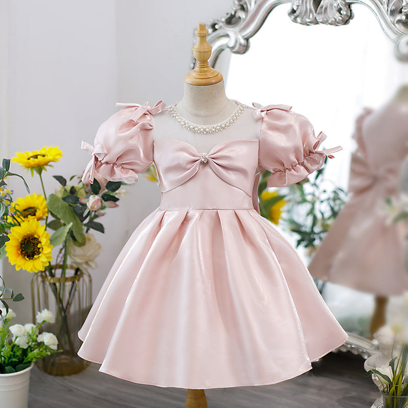 Elegant Pink Satin Flower Girl Dress with Beading & Puff Sleeves - Perfect for Weddings, Pageants & Special Occasions