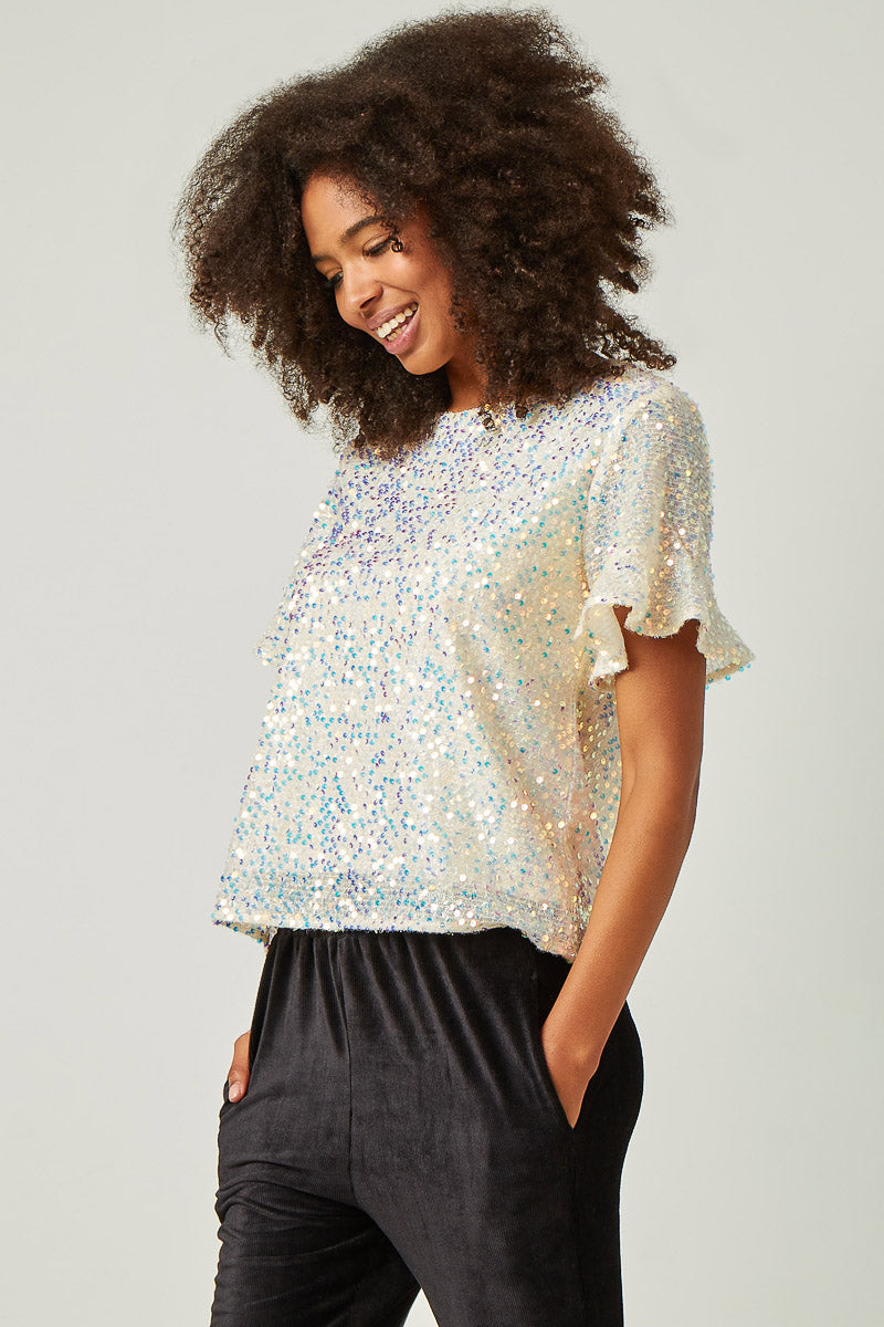 Women's Ruffle Sleeve Sequin Blouse - Elegant Scoop Neck Party Top for Night Out, Date Night & Special Occasions