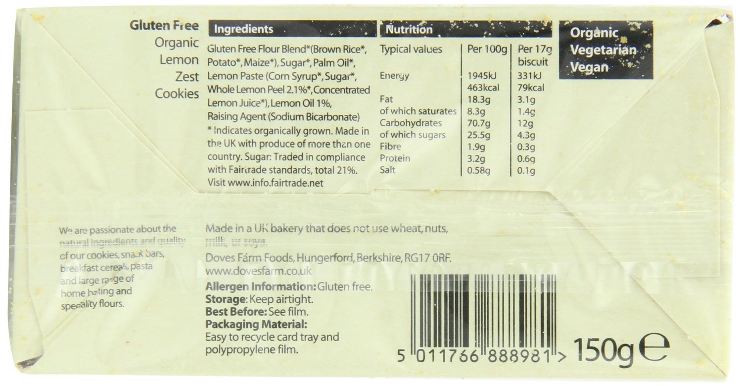 Doves Farm Fairtrade Organic Gluten Free Lemon Zest Cookies (150g, Pack of 2) - Healthy Vegan Snacks for Travel, Office & Tea Time