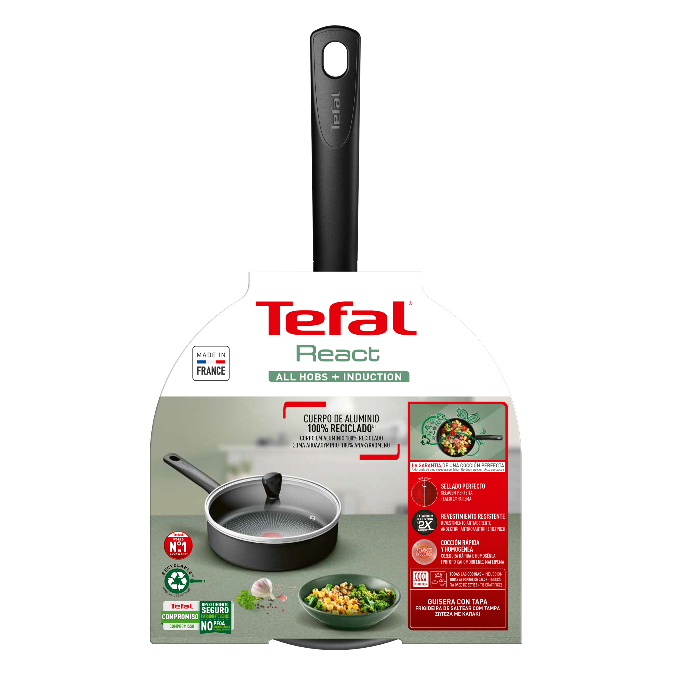 Tefal React Induction Non Stick Sauté Pan with Lid - 24cm Professional Cookware for Induction Stoves - Perfect for Sautéing, Frying & Simmering at Home
