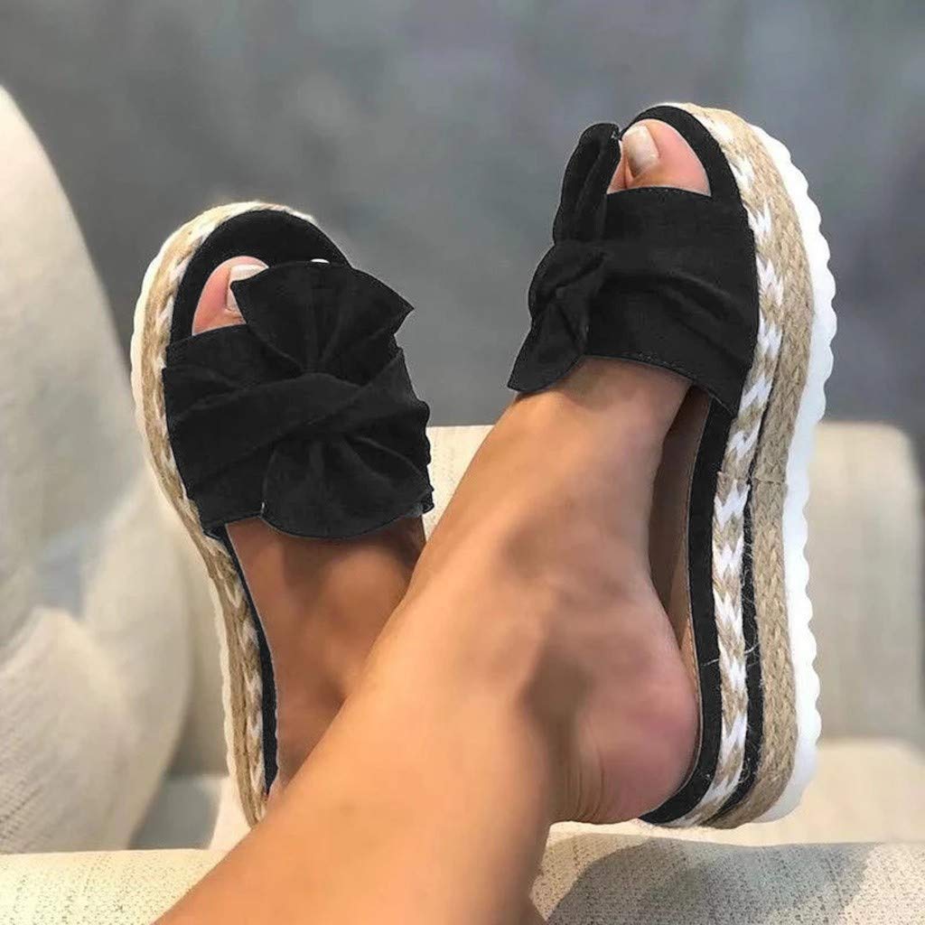 Women's Flat Slide Sandals with Cork Sole & Cute Knot Bow - Comfortable Canvas Summer Sandals for Beach, Pool, and Casual Outings