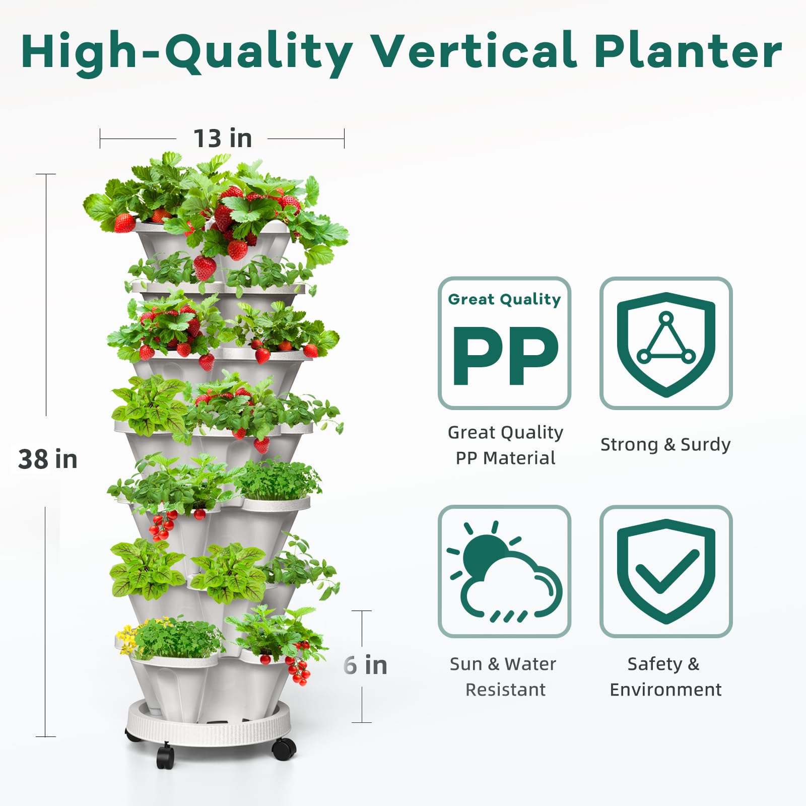 7-Tier Strawberry Vertical Planter with Support Pole - Stackable Herb & Vegetable Garden for Indoor/Outdoor Use - White - Perfect for Small Spaces, Balconies & Urban Gardening