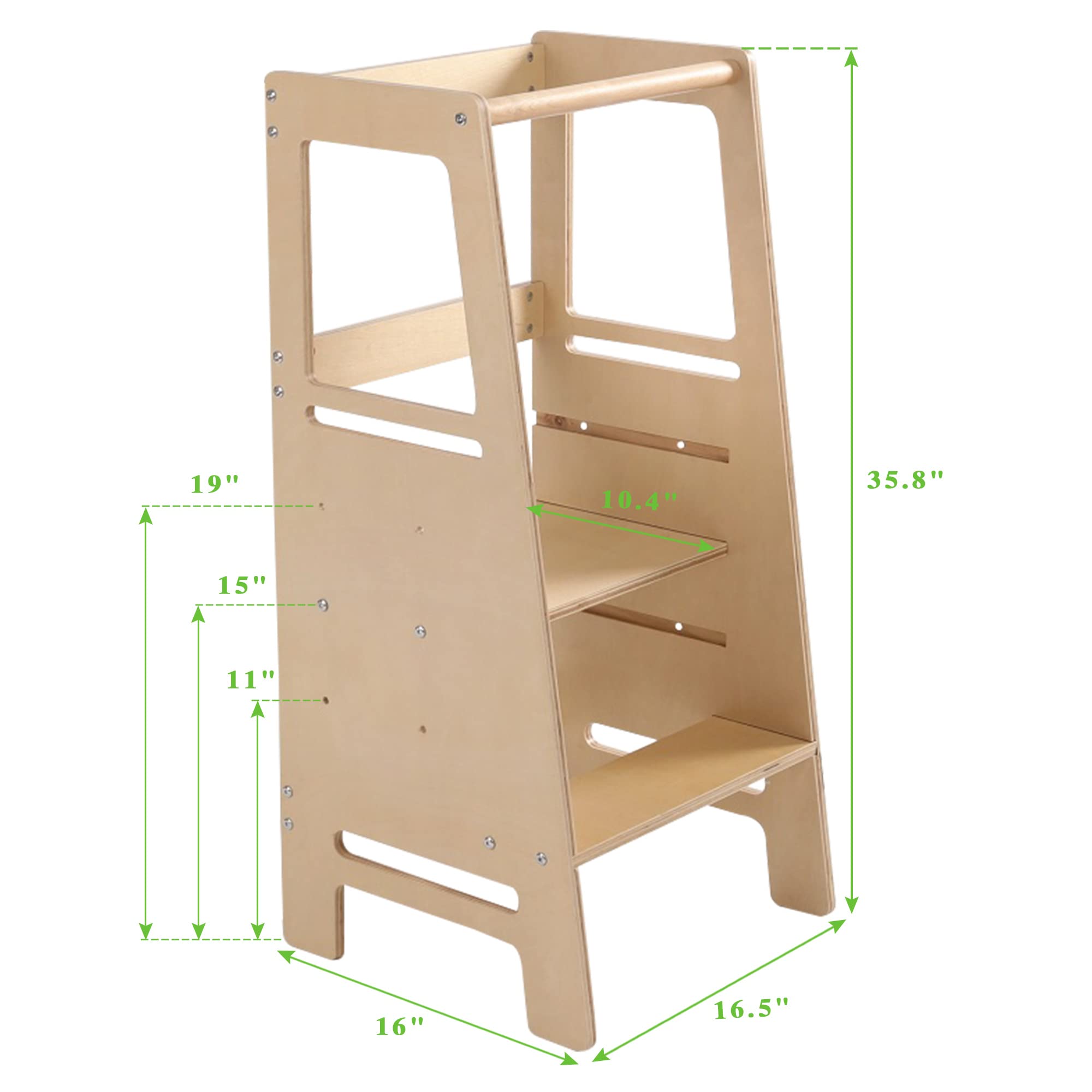 Solid Wood Adjustable Height Kids Step Stool with Safety Rail - Toddler Learning Tower for Kitchen Counter, Bathroom Sink, and Craft Table Helper