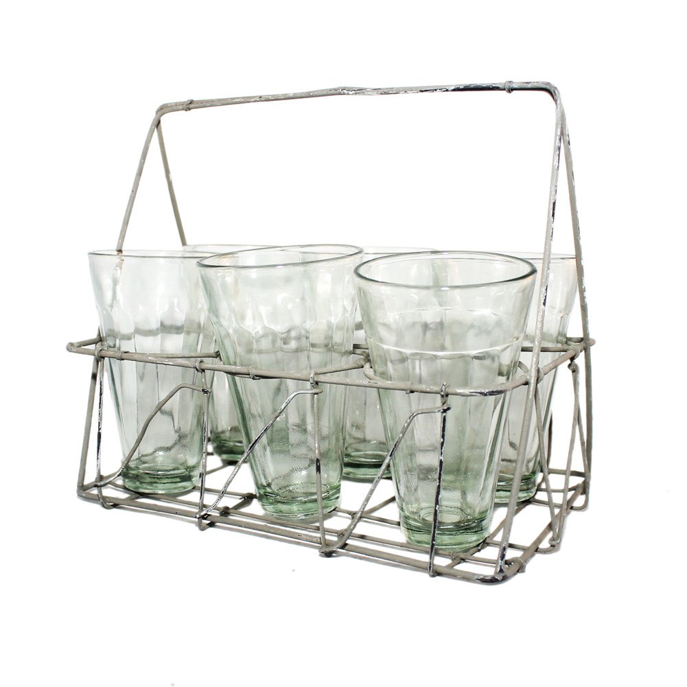 Rustic Galvanized Wire Drink Carrier with 6 Glasses (6 oz) - Perfect for Picnics, BBQs, and Outdoor Parties