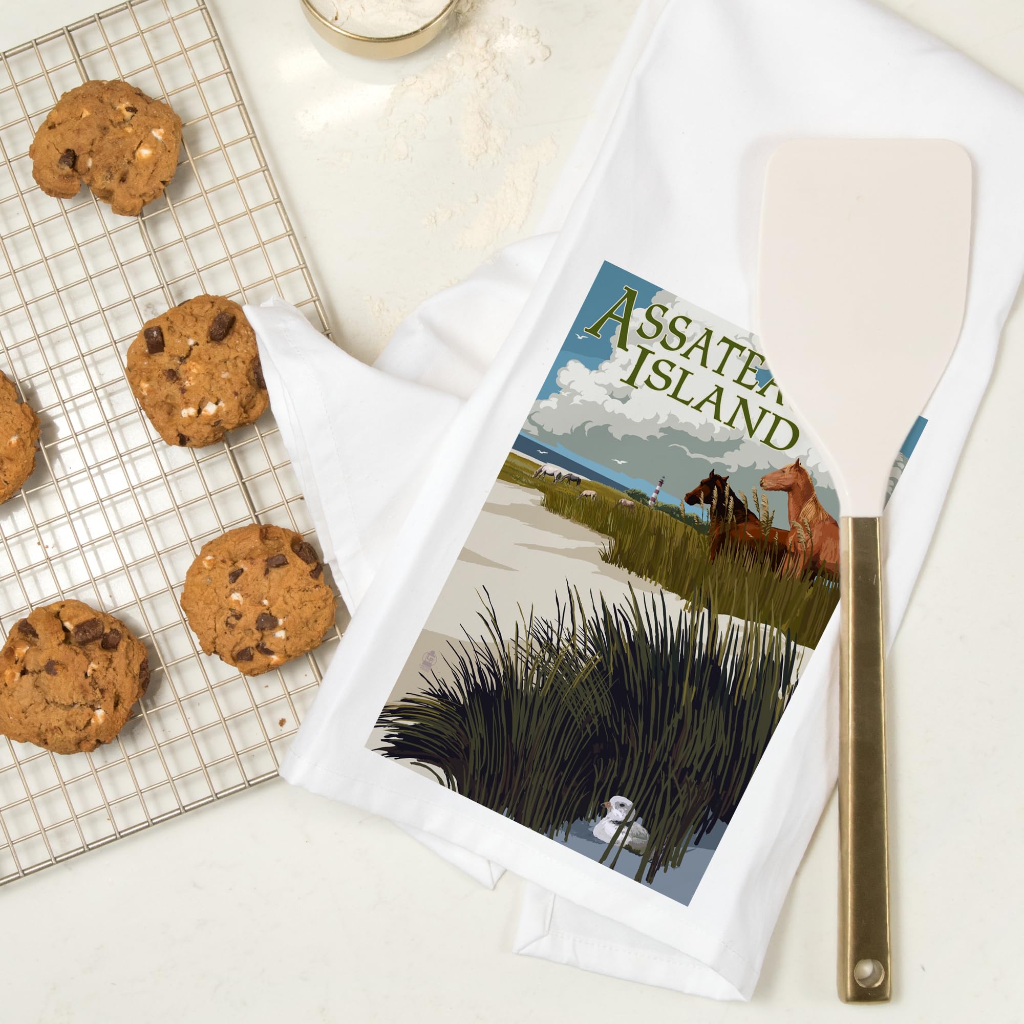 Lantern Press Assateague Island Virginia Horses and Dunes 100% Cotton Tea Towel - Decorative Hand Towel for Kitchen, Home Decor, and Coastal Themed Spaces