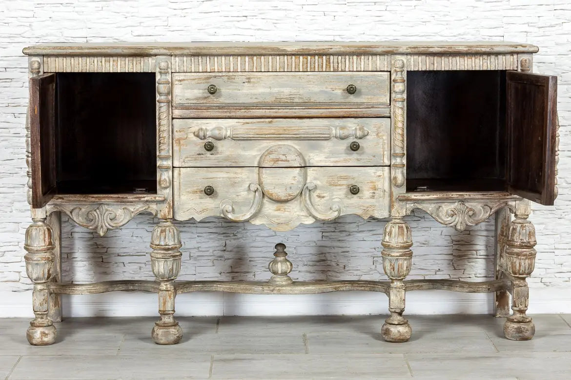 French Arched Hand Carved Indian Solid Wood Console Table - Grey 02 - Elegant Entryway Furniture for Hallway, Living Room & Foyer Decor