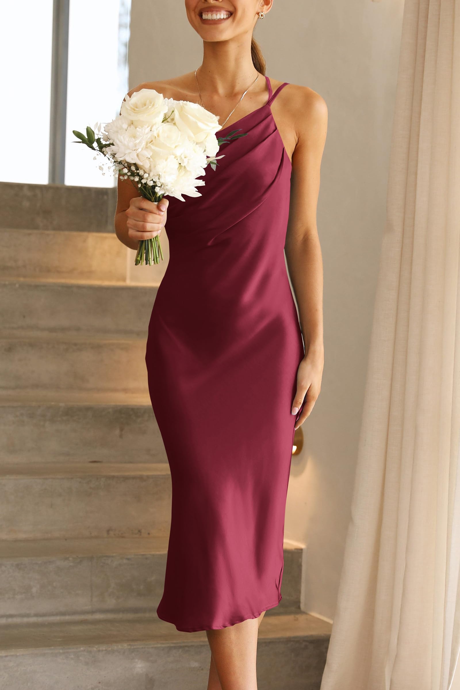 PRETTYGARDEN Women's One Shoulder Midi Dress - Satin Spaghetti Strap Backless Ruched Bodycon Dress for Summer, Beach Party, Date Night and Evening Occasions