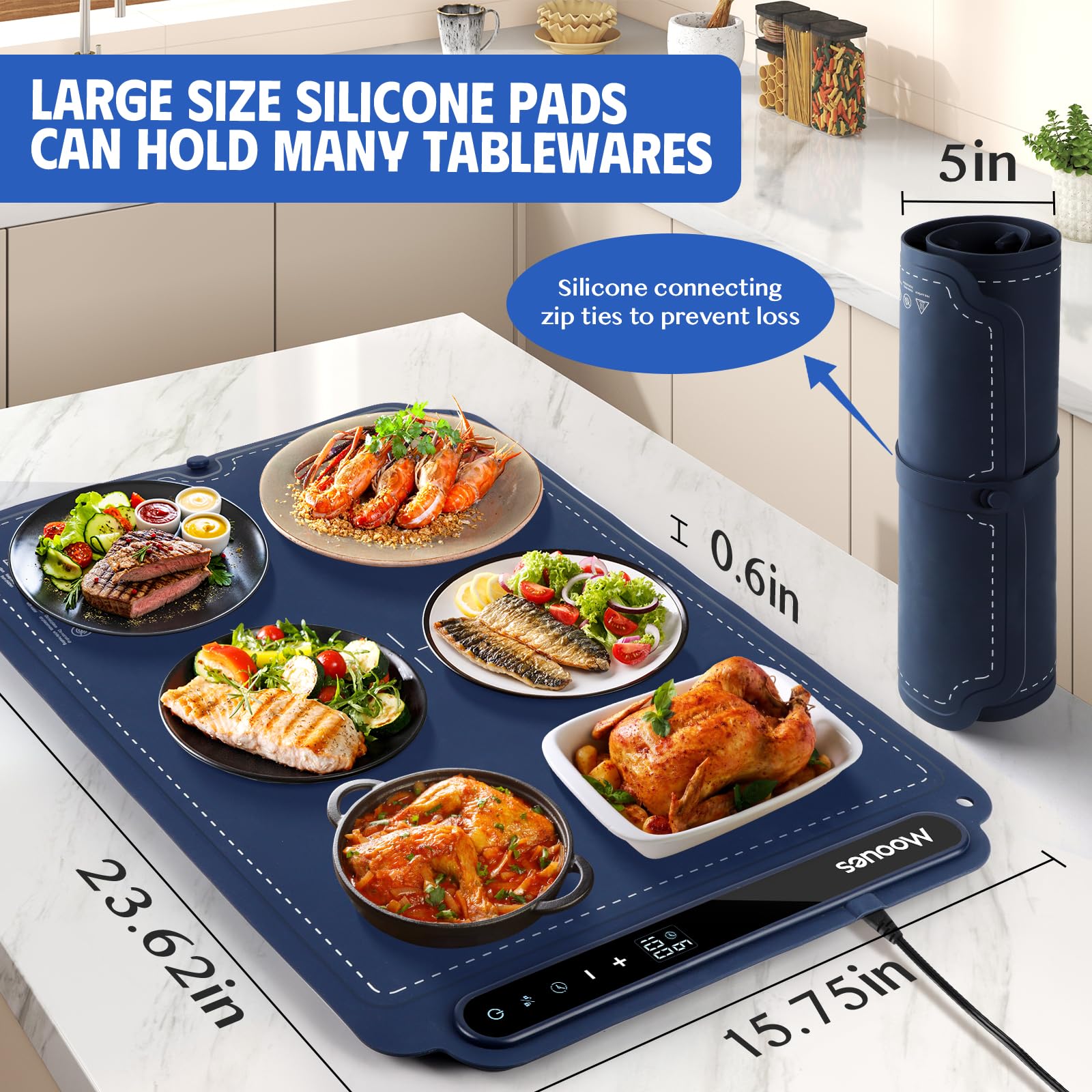 Electric Warming Tray - Portable Silicone Food Warmer Mat with 7 Temperature Levels & 6H Timer | Full Surface Heating for Home, Parties, Buffets | Perfect for Keeping Meals Warm at Dinner & Events (Blue)