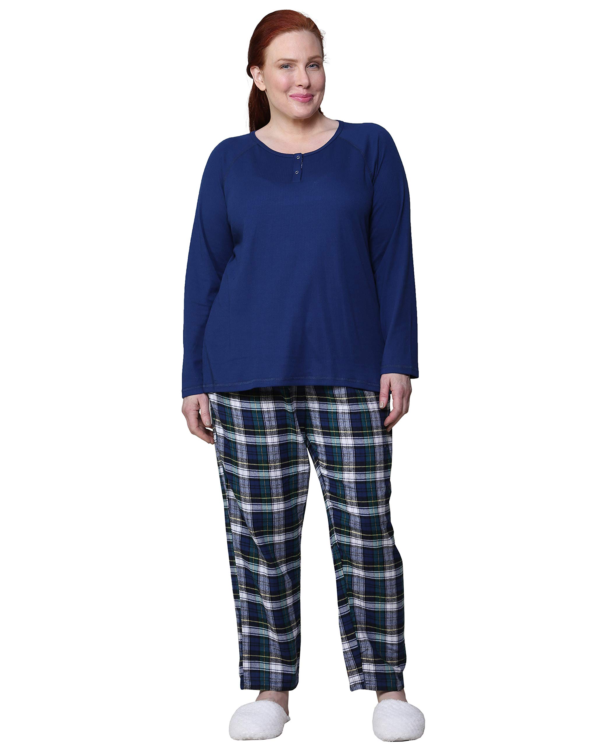 LA CERA Women's Plus Size Cotton Knit & Flannel Pajama Set - Soft Long Sleeve Solid Top & Plaid Pants - Comfy Sleepwear for Winter Nights, Lounging at Home & Cozy Weekends - Machine Washable