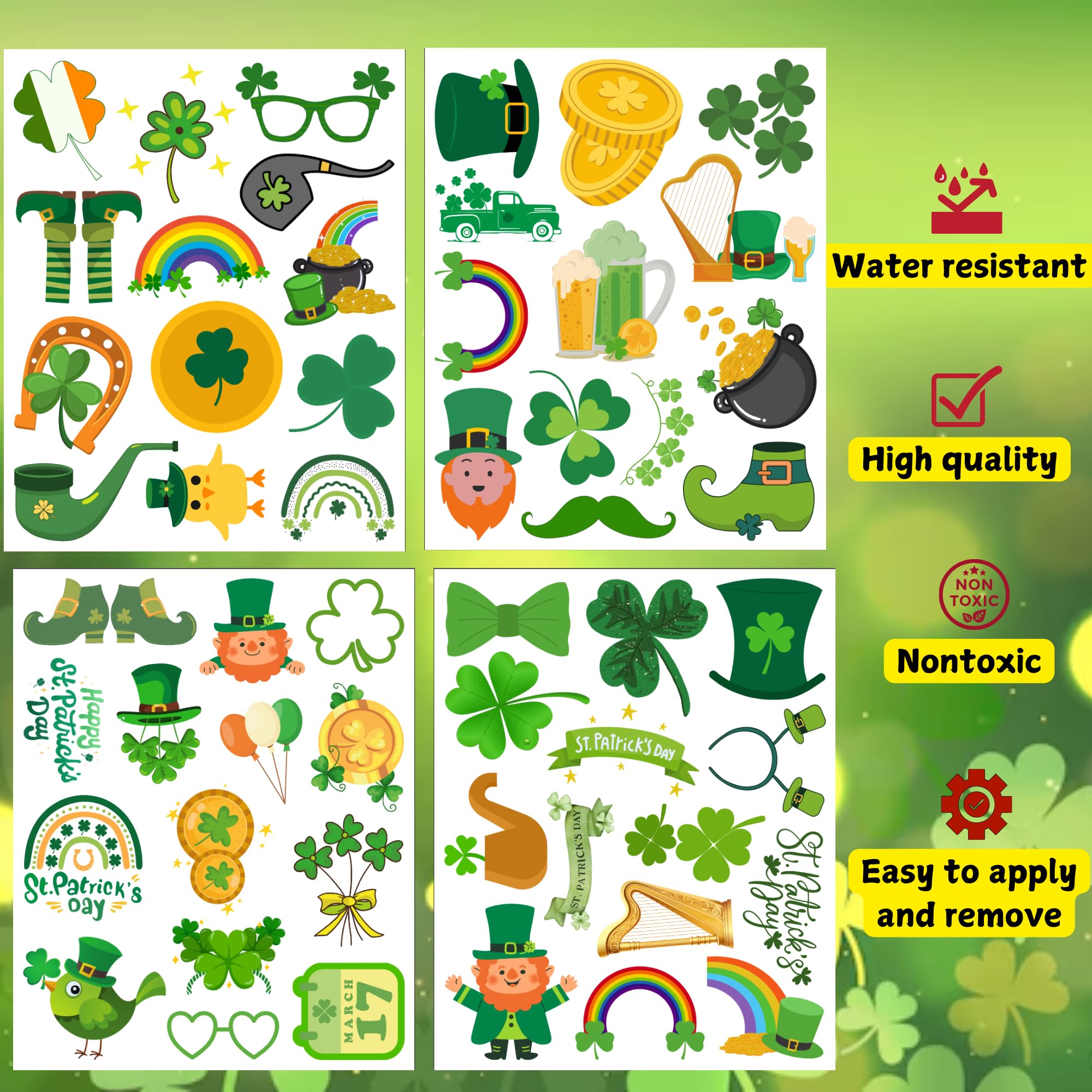 St. Patrick's Day Temporary Tattoos - 50Pcs Irish Shamrock Face & Body Stickers for Party Decorations, Favors & Accessories - Perfect for St. Paddy's Day Celebrations, Parades & Irish Themed Events