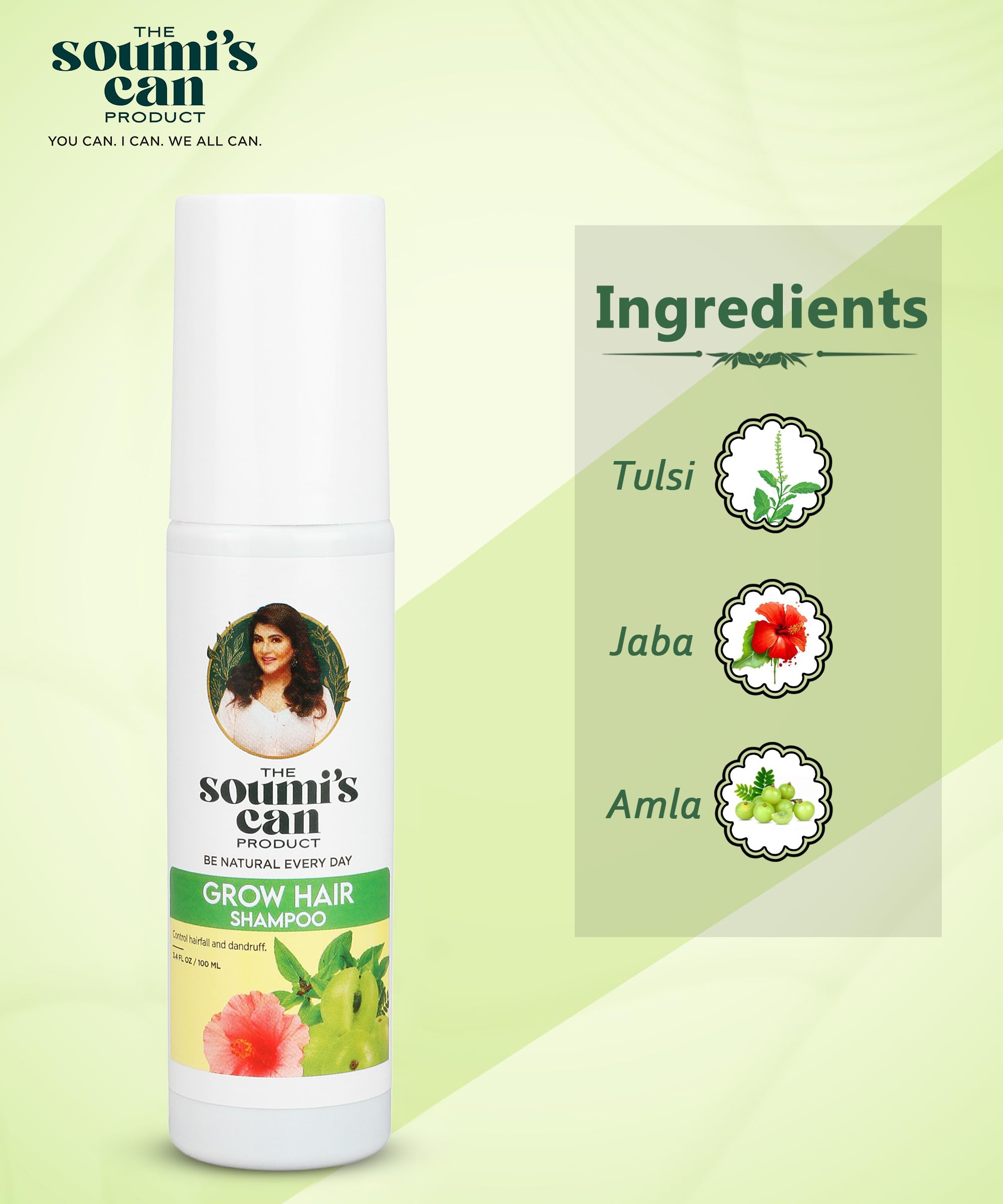 SOUMI'S CAN Grow Hair Shampoo with Tulsi, Amla & Hibiscus - Anti Hair Fall & Dandruff Control Shampoo - Volumizing & Nourishing Herbal Formula for Women & Men - 100ml (Pack of 2) - Perfect for Daily Hair Care & Scalp Health