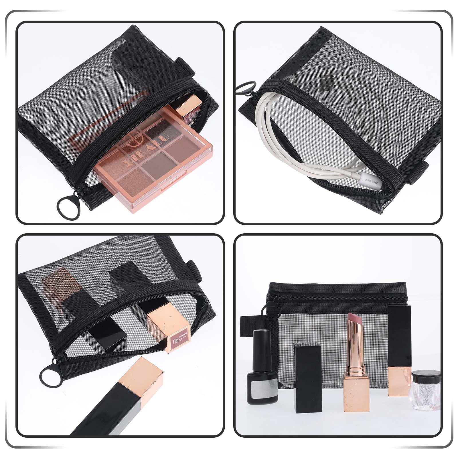 4 Pcs Nylon Cosmetic Bags with Zipper - Small Keychain Pouch, Portable Travel Makeup Organizer for Lipstick, Black Mesh Cosmetic Bags for Women | Perfect for Travel, Gym & Daily Essentials Storage