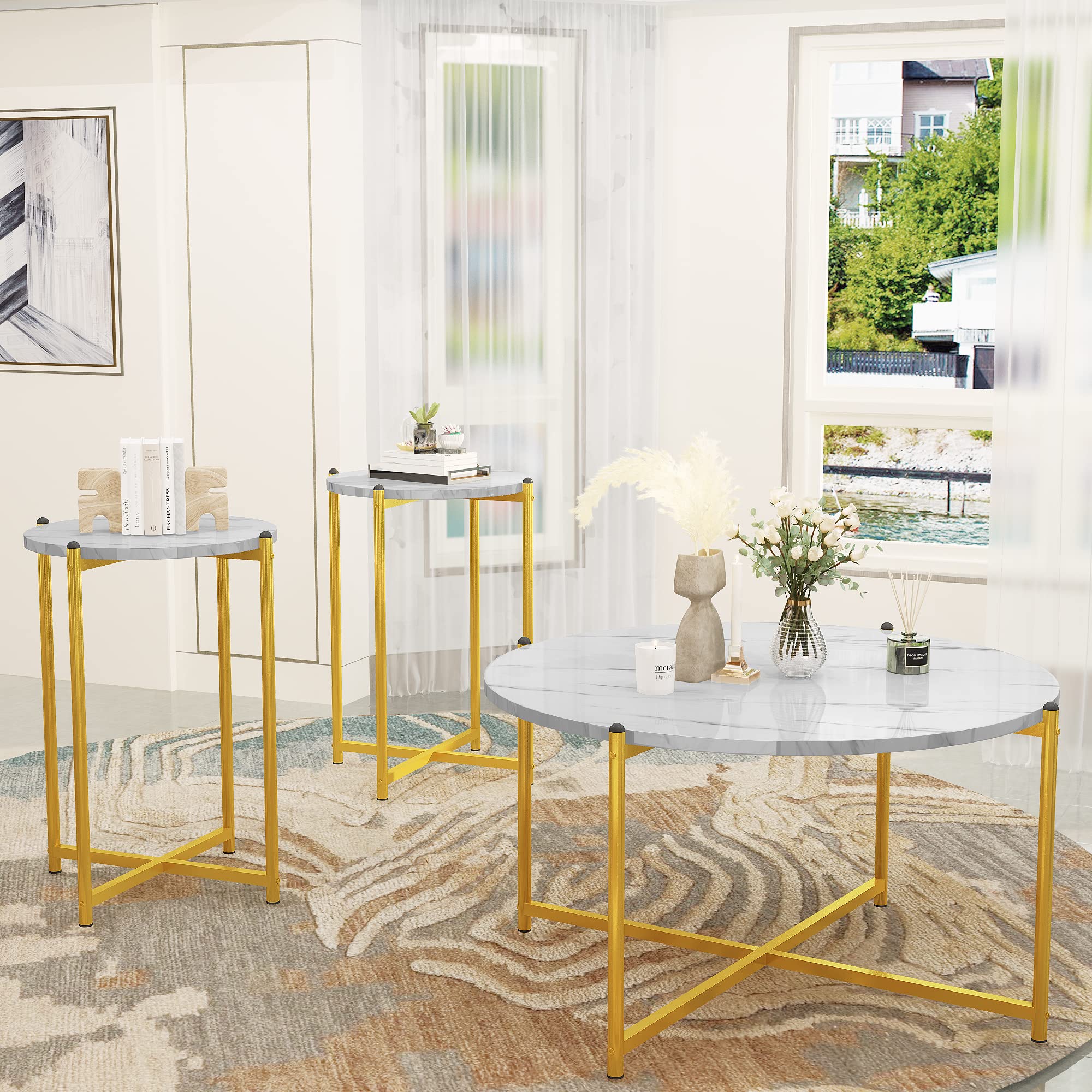 DKLGG Faux Marble Coffee Table Set of 3 - Round Coffee Table & 2 End Tables with Sturdy Metal Frame, Modern Sofa Side Tables for Living Room, Apartment, Lounge | Perfect for Coffee, Books & Decor Display