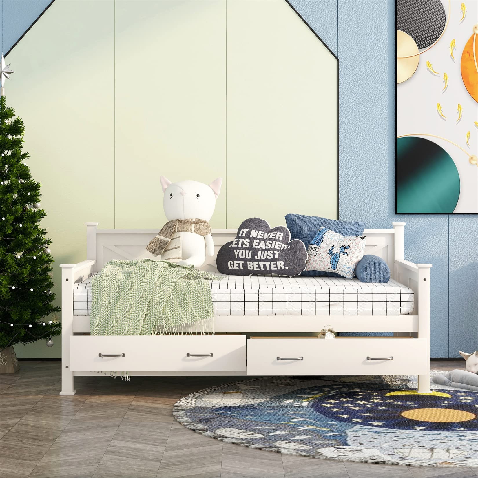 Wooden Daybed with 2 Storage Drawers - Cream Platform Bed for Kids, Guest Room & Sleepovers - Space-Saving Twin Bed with Underbed Storage - Perfect for Small Bedrooms, Dorms & Apartments