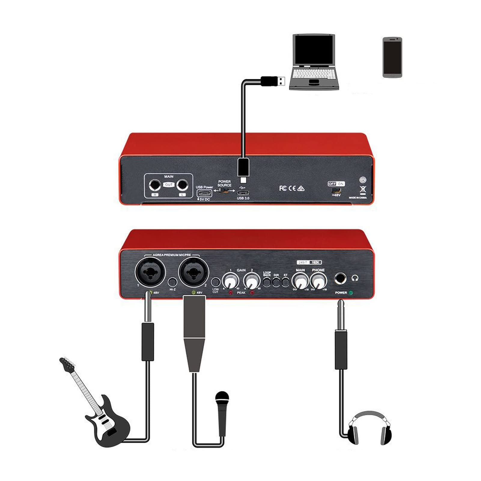 Tangxi USB Sound Card 24 Bit 192kHz HD Audio Interface - External Sound Card for Laptop, PC, Smartphone with Gain Knob & Low Cut High Pass Filter - Perfect for Music Production, Gaming & Streaming