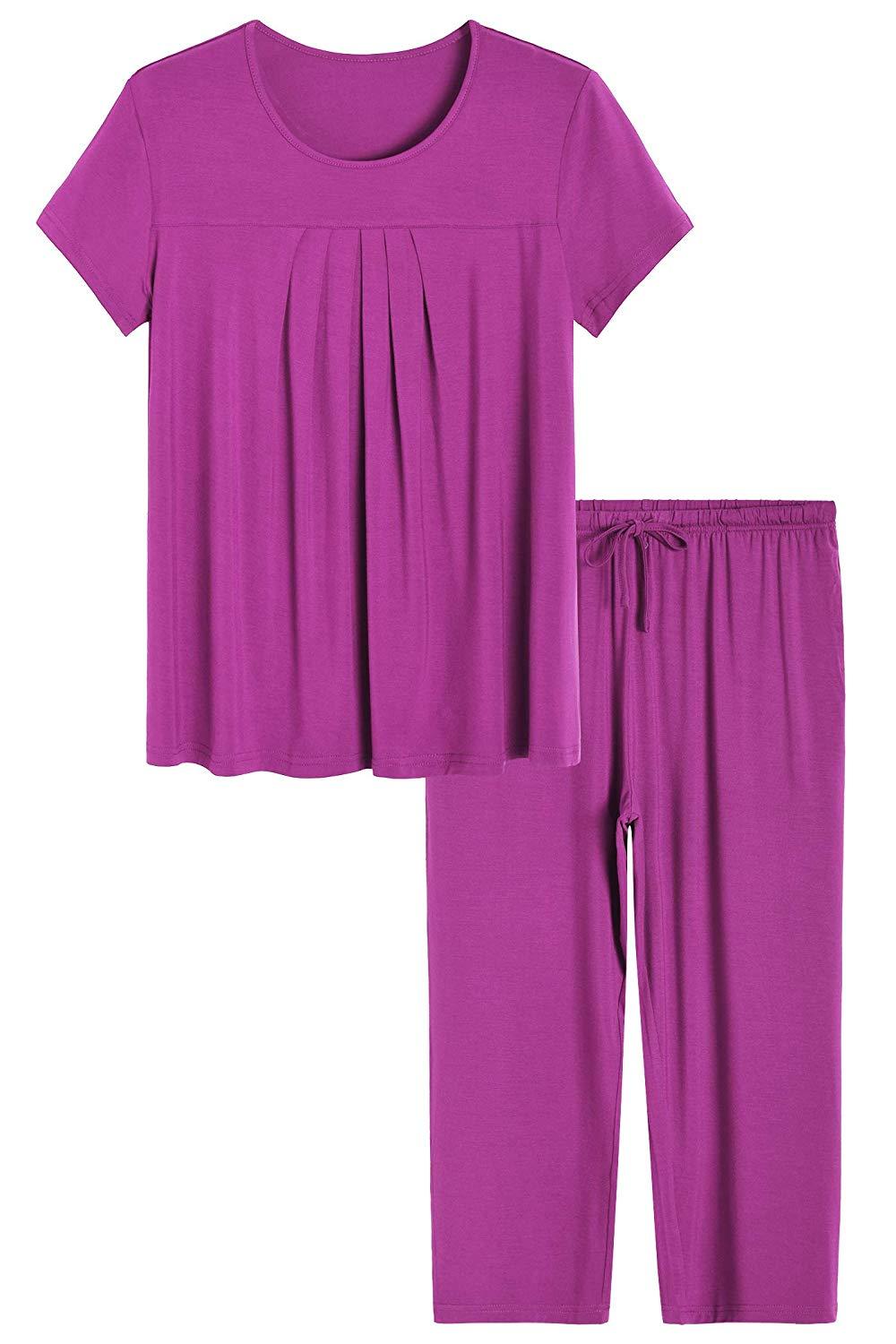 Soft & Breathable Women's Bamboo Pajama Set - Pleated Top & Capri Pants for Comfortable Sleep & Lounge Wear - Perfect for Nighttime Relaxation, Spa Days & Cozy Evenings at Home