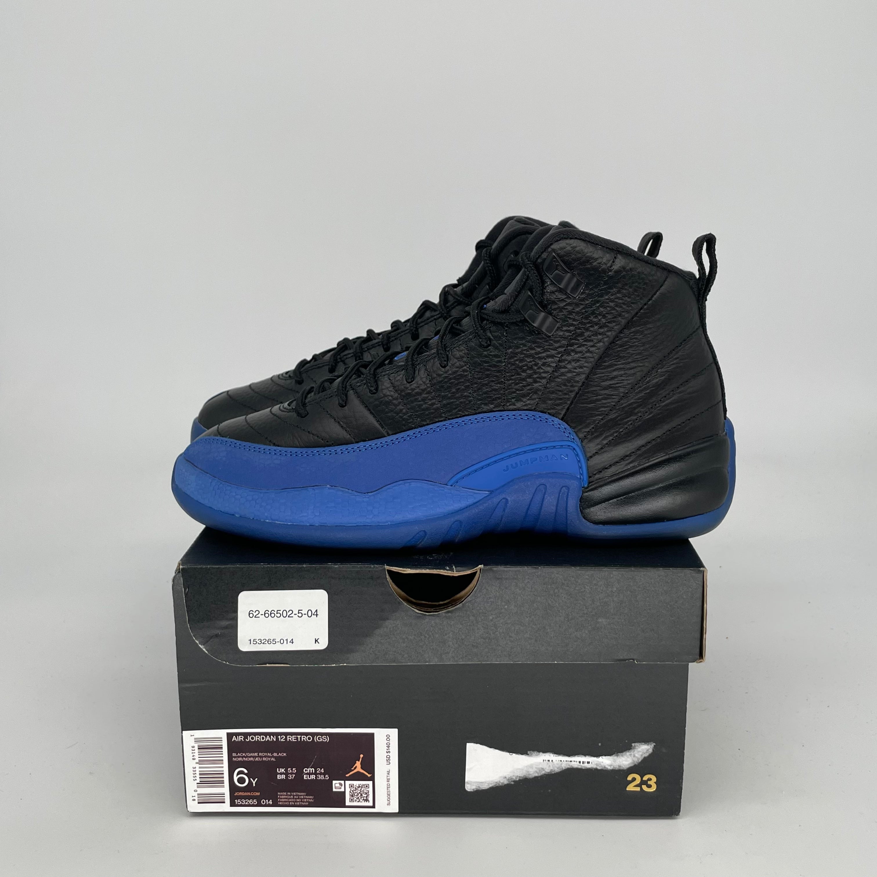 Original Title: AIR JORDAN 12 BLACK GAME ROYAL SIZE 6/7.5W 153265 014   Optimized Title: **Air Jordan 12 Retro 'Black Game Royal' Basketball Shoes - Women's Size 6/7.5W (Style 153265-014) - Perfect for Casual Wear & Street Fashion**