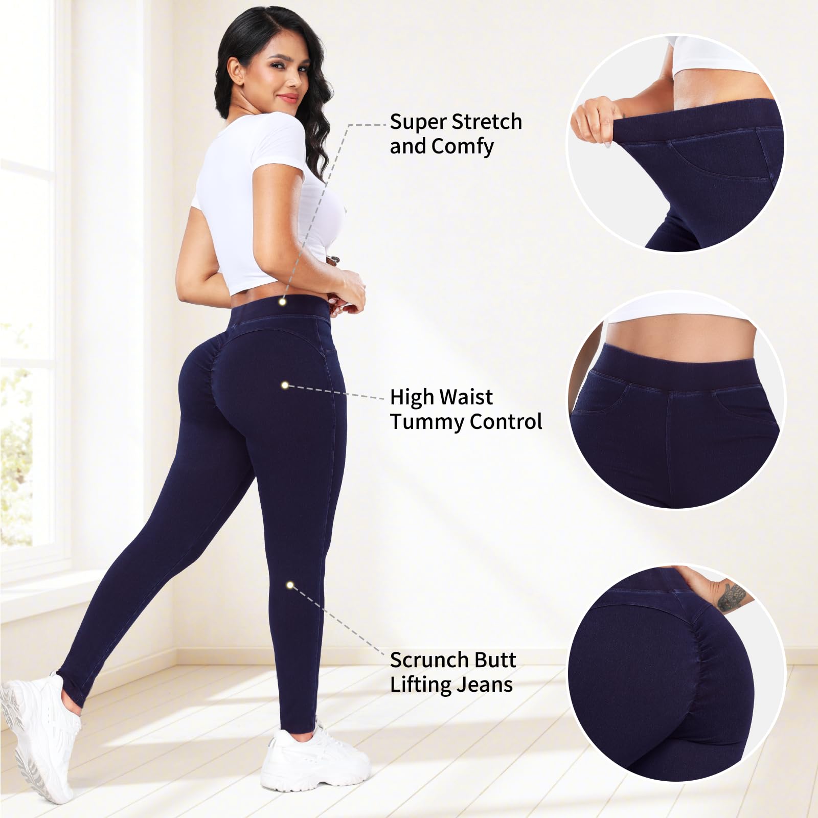 KIWI RATA Women's High Waisted Scrunch Butt Lifting Skinny Jeans - Tummy Control Stretchy Leggings for Workout, Yoga & Everyday Wear