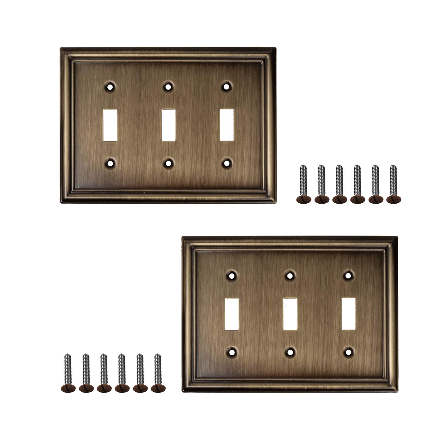 Decorative Beveled Antique Brass Wall Plates - 3 Gang Toggle Switch & Outlet Covers (2 Pack) - Elegant Electrical Cover Plates for Living Room, Bedroom & Office