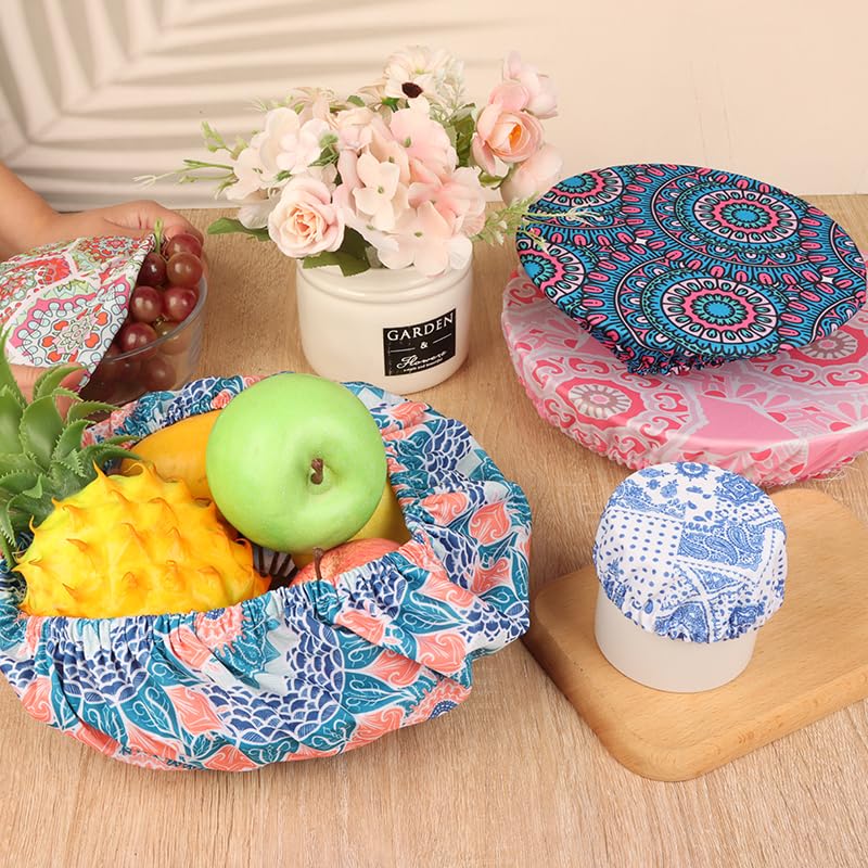 10Pcs Reusable Stretch Bowl Covers - 5 Sizes Elastic Food Covers for Kitchen Storage, Leftovers, Fruits, Bread Dough Proofing (Bohemian Style) | Eco-Friendly Dish Lids for Meal Prep & Food Preservation