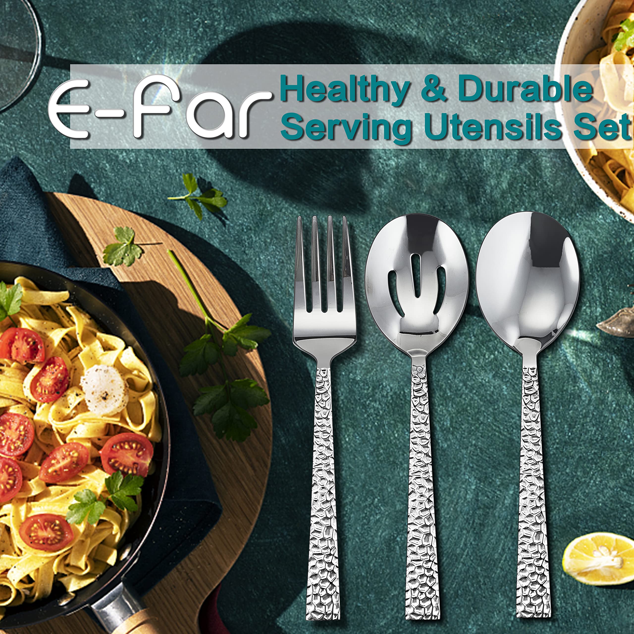 E-far 6-Piece Stainless Steel Hammered Serving Utensil Set - 8.7