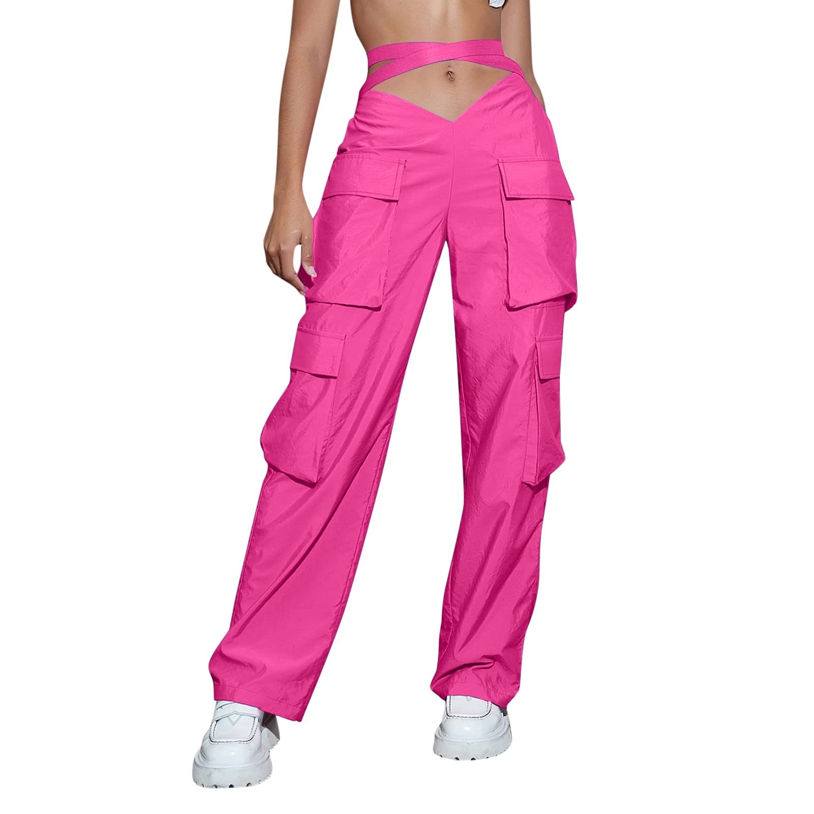 YOLAI Women's High Waist Cargo Jogger Pants - Baggy Streetwear Hip Hop Sweatpants with Pockets for Casual Wear & Urban Fashion (Hot Pink, Medium) | Perfect for Everyday Outfits, Gym, and Street Style Looks