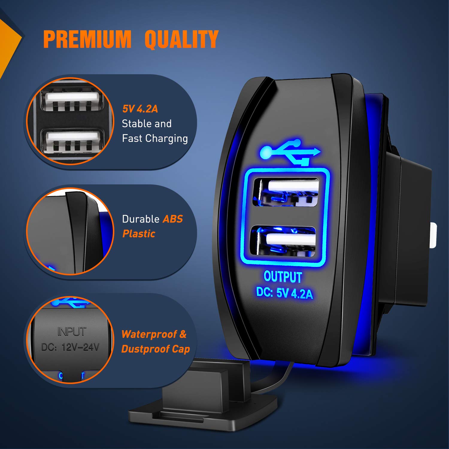 Nilight Dual USB Charger 4.2A Fast Charging Port - 12V/24V Waterproof Quick Charge Socket with Rocker Switch for Cars, Trucks, Boats, RVs | Perfect for Road Trips, Camping & Marine Use | 2-Year Warranty (Blue)