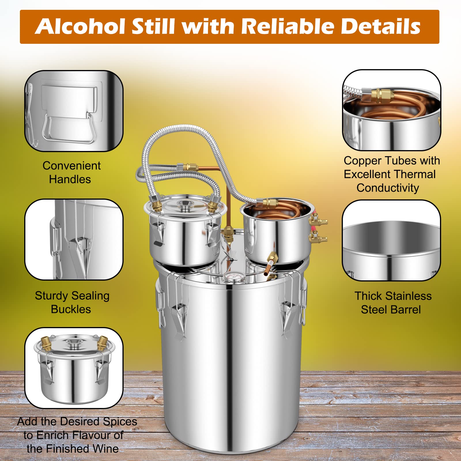 Giantex 10 Gallon Alcohol Still Kit - 3 Pots Stainless Steel Distiller for Water, Alcohol & Oil with Built-in Thermometer & Copper Tubes - Multi-Functional Home Brewing Equipment for Whiskey, Brandy & Moonshine - Perfect for DIY Spirits, Essential Oils & Distilled Water Production