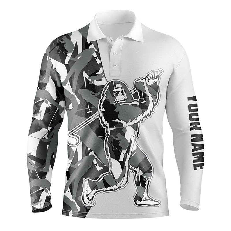 Funny Bigfoot Golf Polo Shirts for Men - Gray Camouflage Pattern with Custom Name | Sasquatch Playing Golf Apparel | Short Sleeve Performance Shirt | Perfect Golf Gift for Men | Ideal for Golf Tournaments, Casual Wear & Outdoor Activities