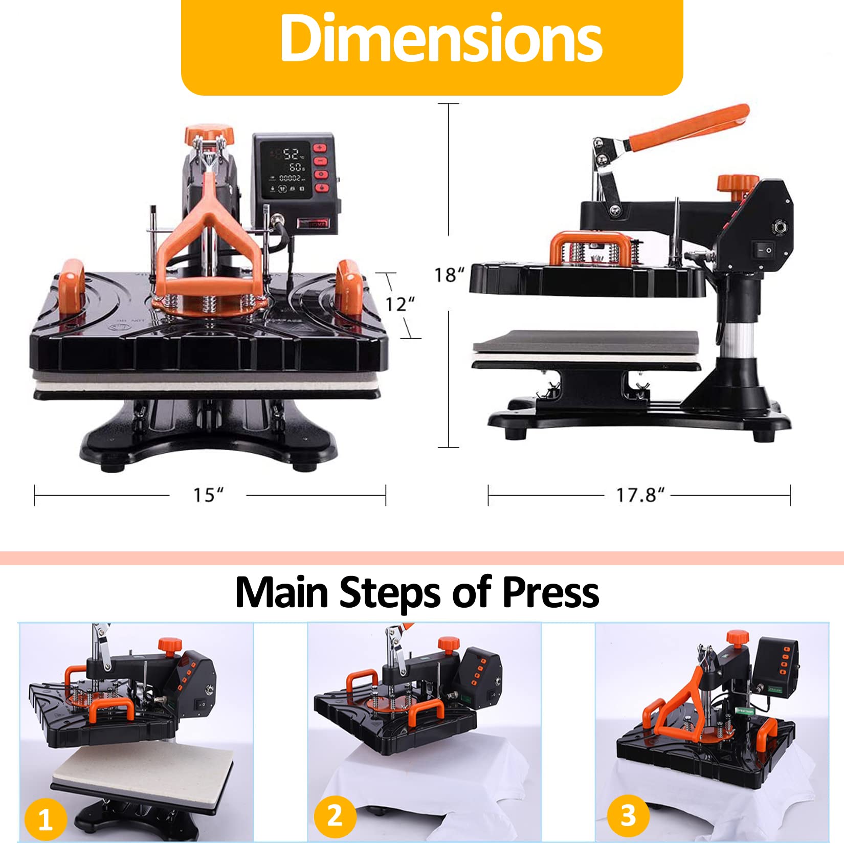 WOOKRAYS 8-in-1 Digital Heat Press Machine Combo | 12x15 Inch Multifunctional Sublimation Transfer Press | Swing Away T-Shirt, Hat, Mug & Plate Printing Machine | Perfect for DIY Crafts, Custom Apparel & Small Business Use