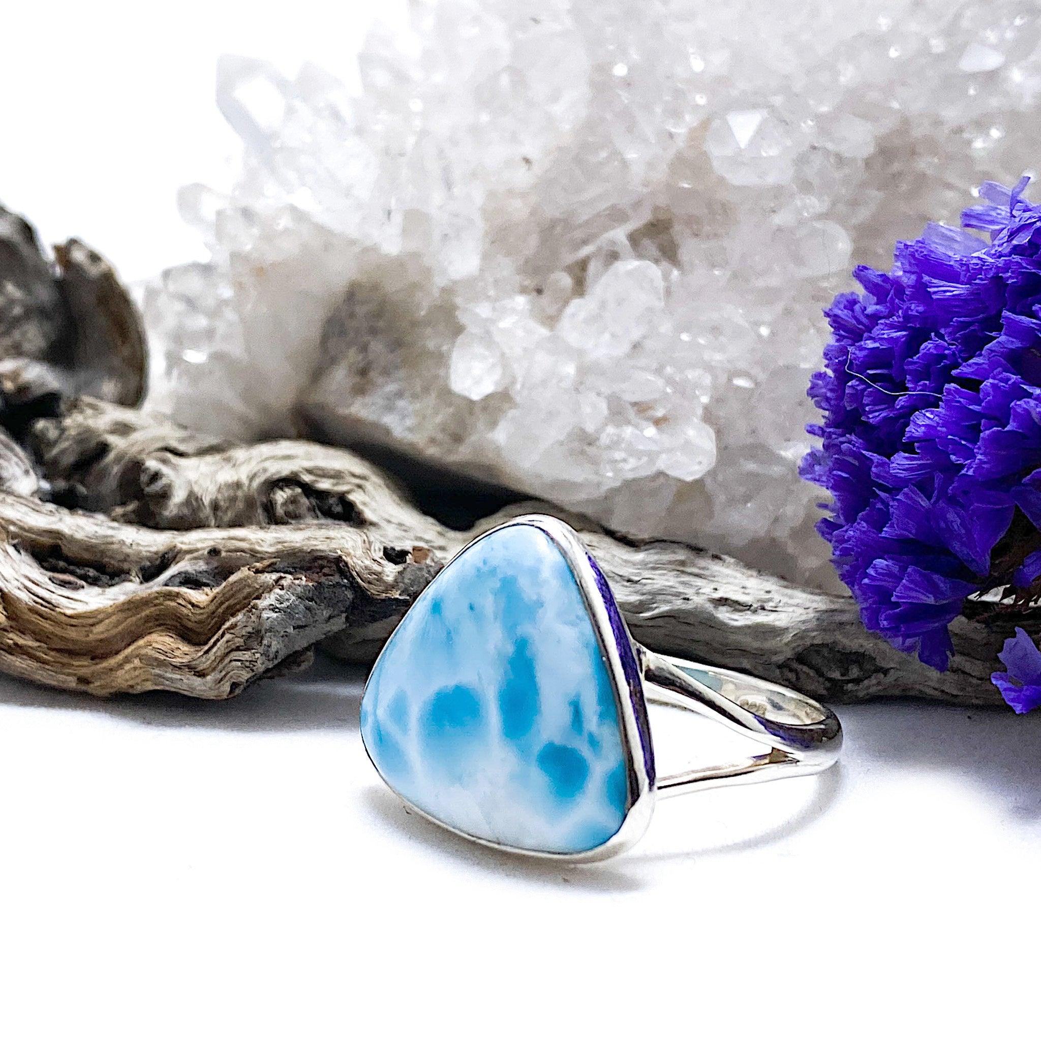 Larimar Teardrop Ring - Sterling Silver 925, Handmade Jewelry, Unique Gemstone Ring for Women - Perfect for Beach Weddings, Boho Fashion & Everyday Elegance