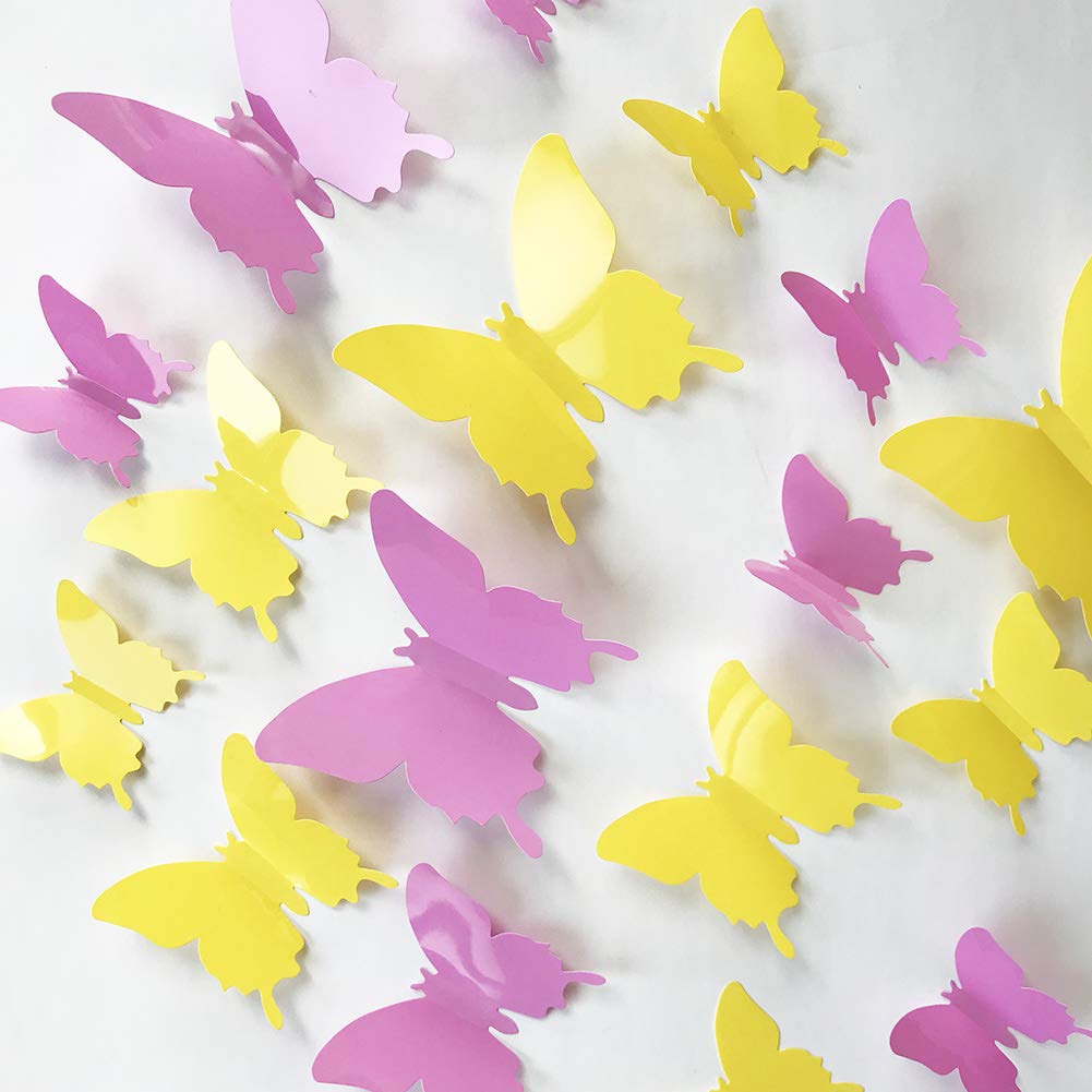 3D Yellow Butterfly Wall Decals - 24-Piece Removable Mural Stickers for Home Decor, Kids Room, Bedroom & Living Room - Perfect for Nursery, Dorm & DIY Wall Art Projects (Yellow)
