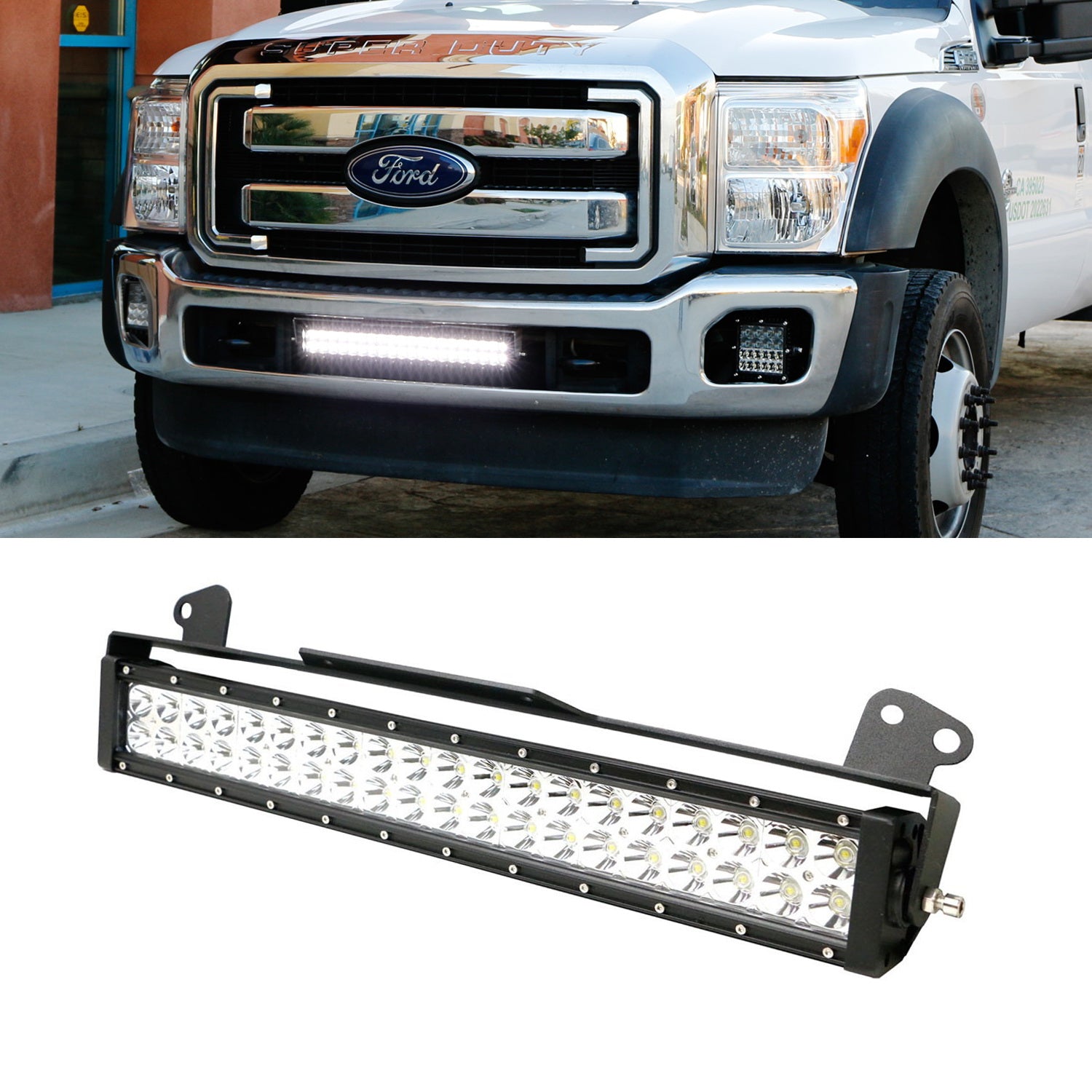 120W 20 LED Light Bar with Lower Bumper Bracket & Wiring Kit - Compatible with 2011-2016 Ford F250 F350 Super Duty - Off-Road, Fog Lights, Hunting & Night Driving