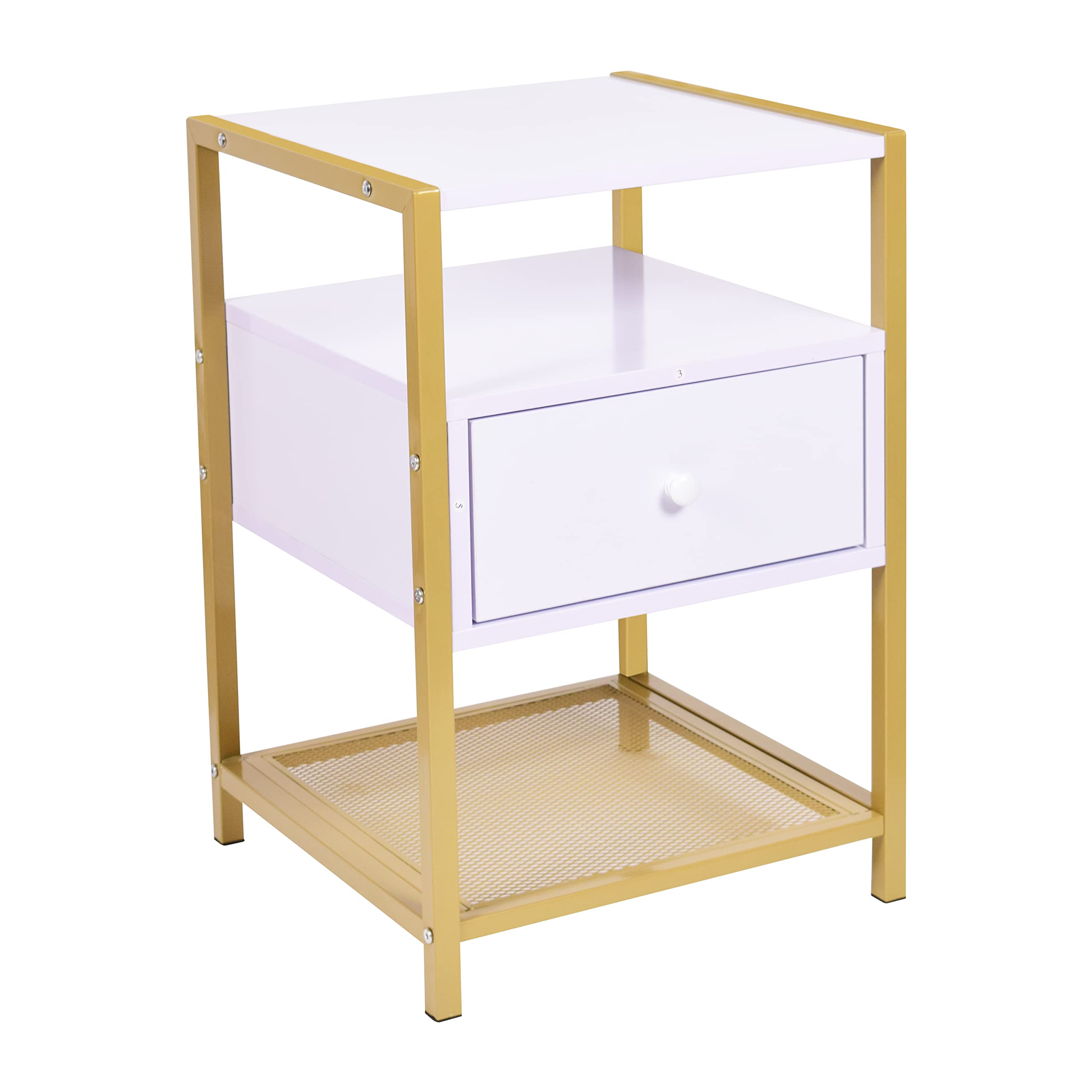 RAAMZO 3-Tier White & Gold Nightstand Side Table with Lower Mesh Shelf & Drawer - Modern Bedroom End Table for Small Spaces, Living Room, Dorm (6566)