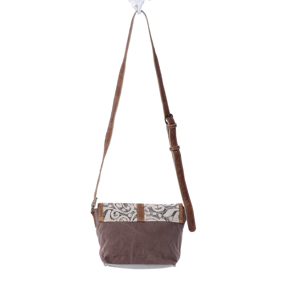 Myra Leaf Swirl Crossbody Bag - Upcycled Canvas, Brown | Perfect for Casual Outings & Travel
