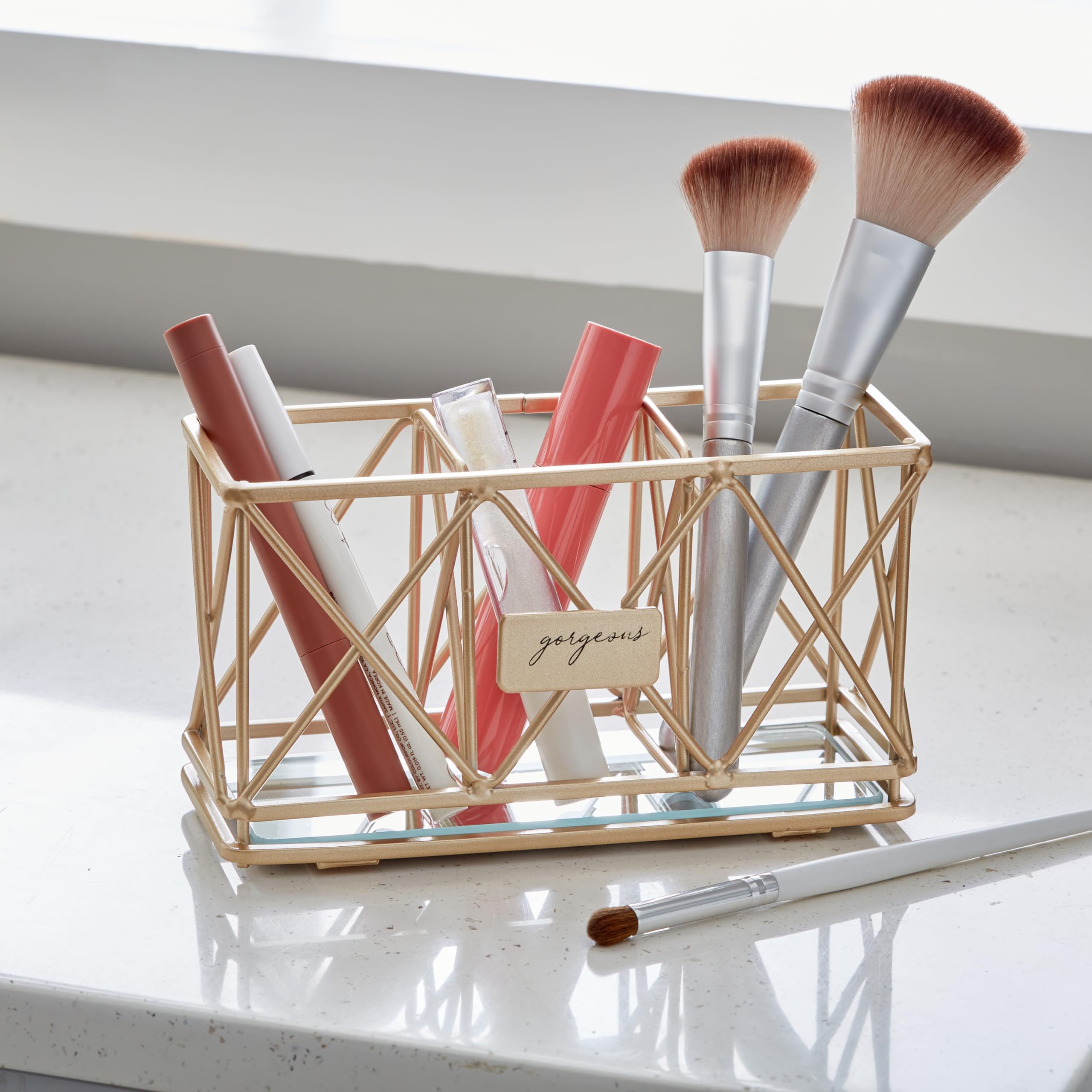3 Compartment Cosmetic Brush Holder - Rose Gold Makeup Organizer for Vanity, Bathroom & Office | Pencil & Brush Storage | Dresser & Mirror Base Organizer | Perfect for Makeup Artists & Beauty Enthusiasts