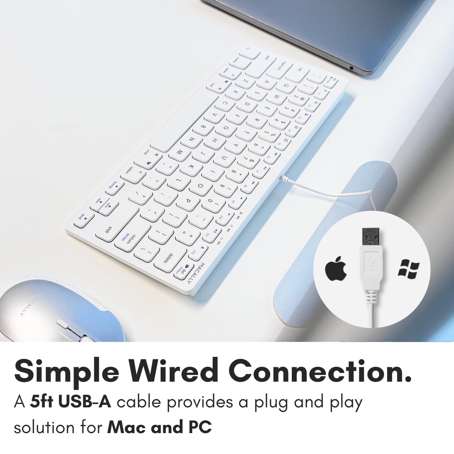 Macally USB Mini Keyboard for Mac & PC - 78 Keys, Compact Design for Small Spaces - White | Home & Office Use