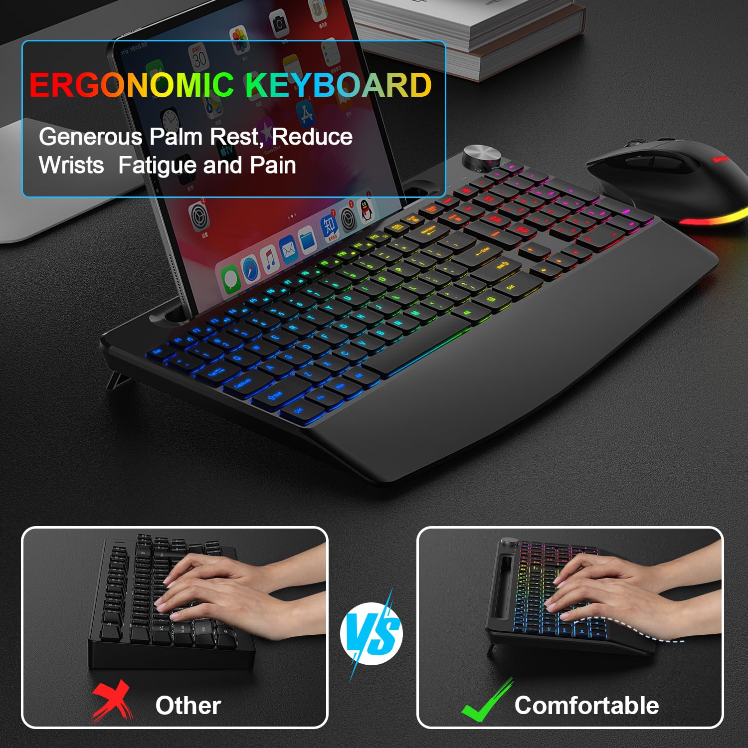 BlueFinger Wireless Keyboard Mouse Combo - Backlit, Rechargeable, Ergonomic for Gaming & Office Use
