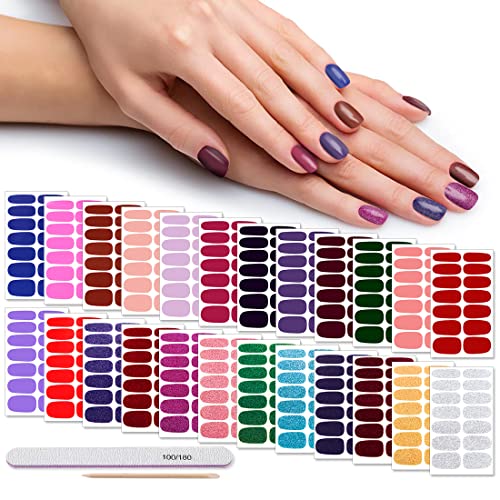DANNEASY 24 Sheets Self-Adhesive Nail Polish Strips for Women - Glitter & Solid Color Gel Nail Wraps Manicure Stickers Kit with Nail File & Wood Cuticle Stick | Perfect for Home Manicure, Parties & Gifts