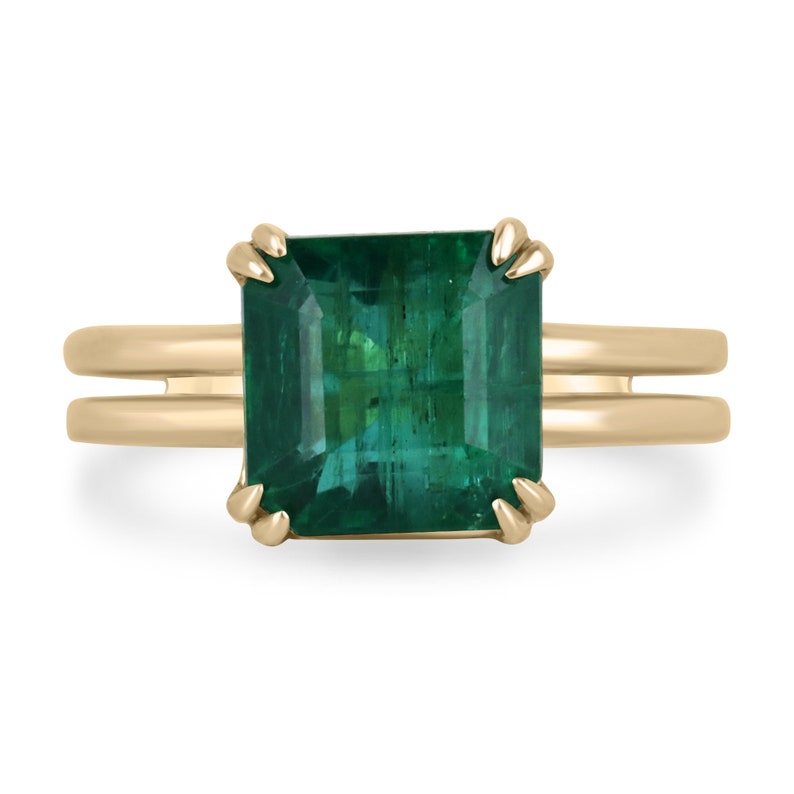 4.20ct 18K Gold AAA Quality Asscher Cut Emerald Solitaire Ring with Double Claw Prongs - Elegant Engagement, Wedding, Anniversary Jewelry Gift for Her