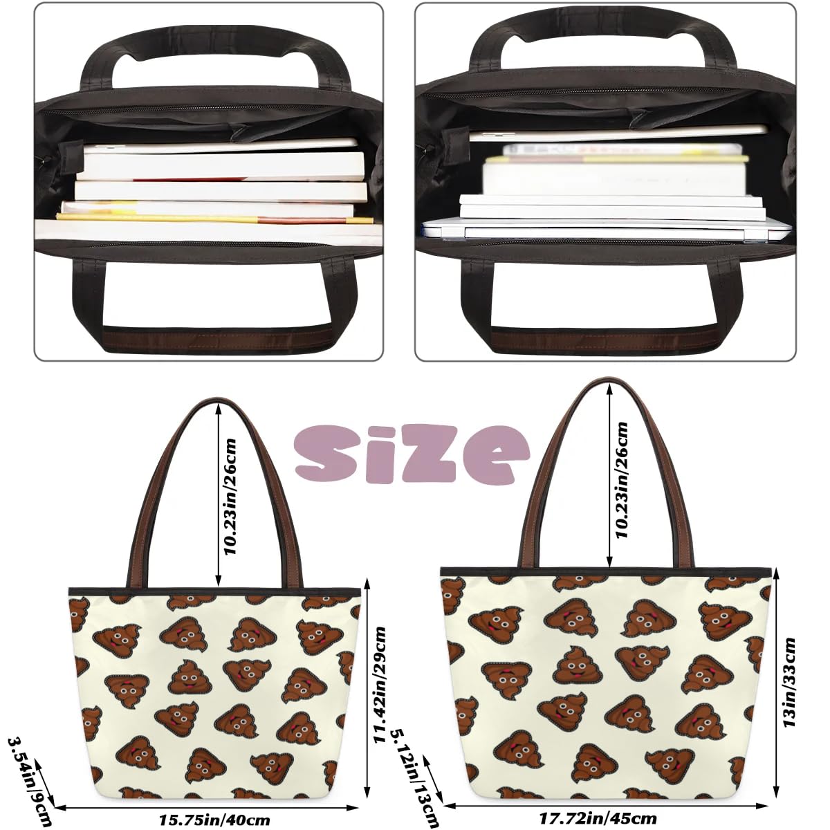 Funny Chocolate Poop Tote Bag for Women - Zippered Work & Travel Handbag - Perfect for Office, Shopping & Weekend Getaways