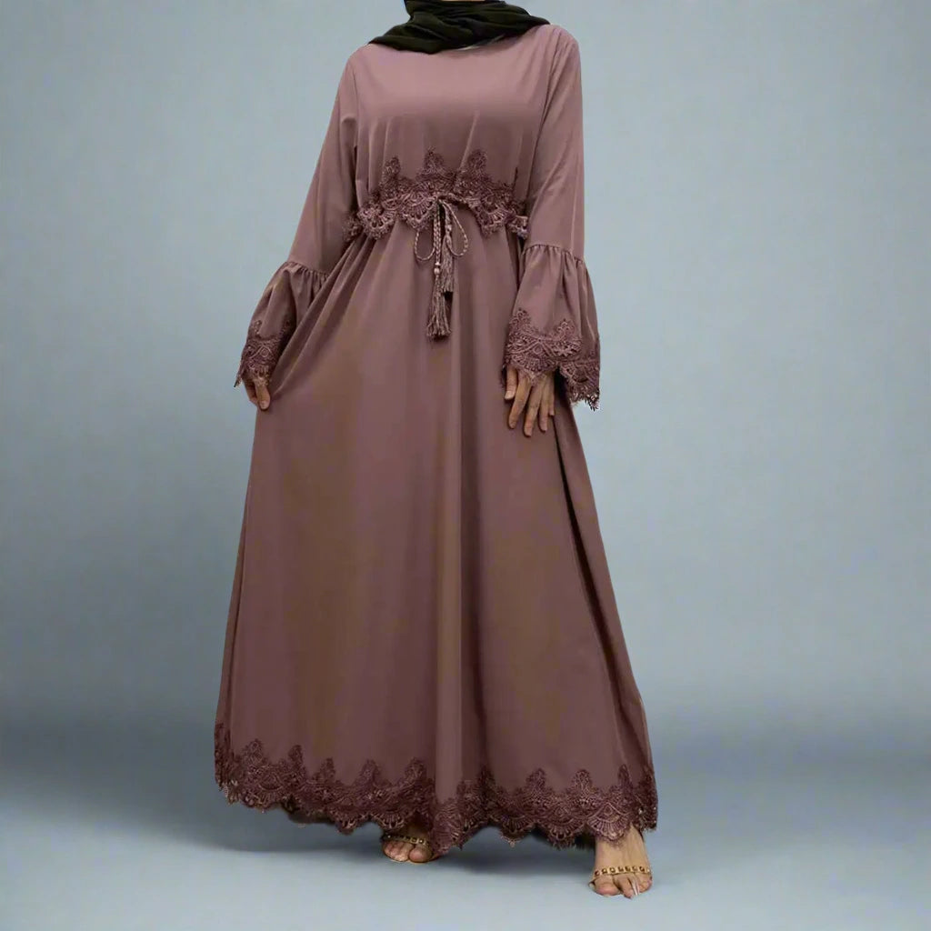 Elegant Black Lace Abaya Dress for Muslim Women - Modest Islamic Prayer Dress for Mosque, Wedding & Special Occasions