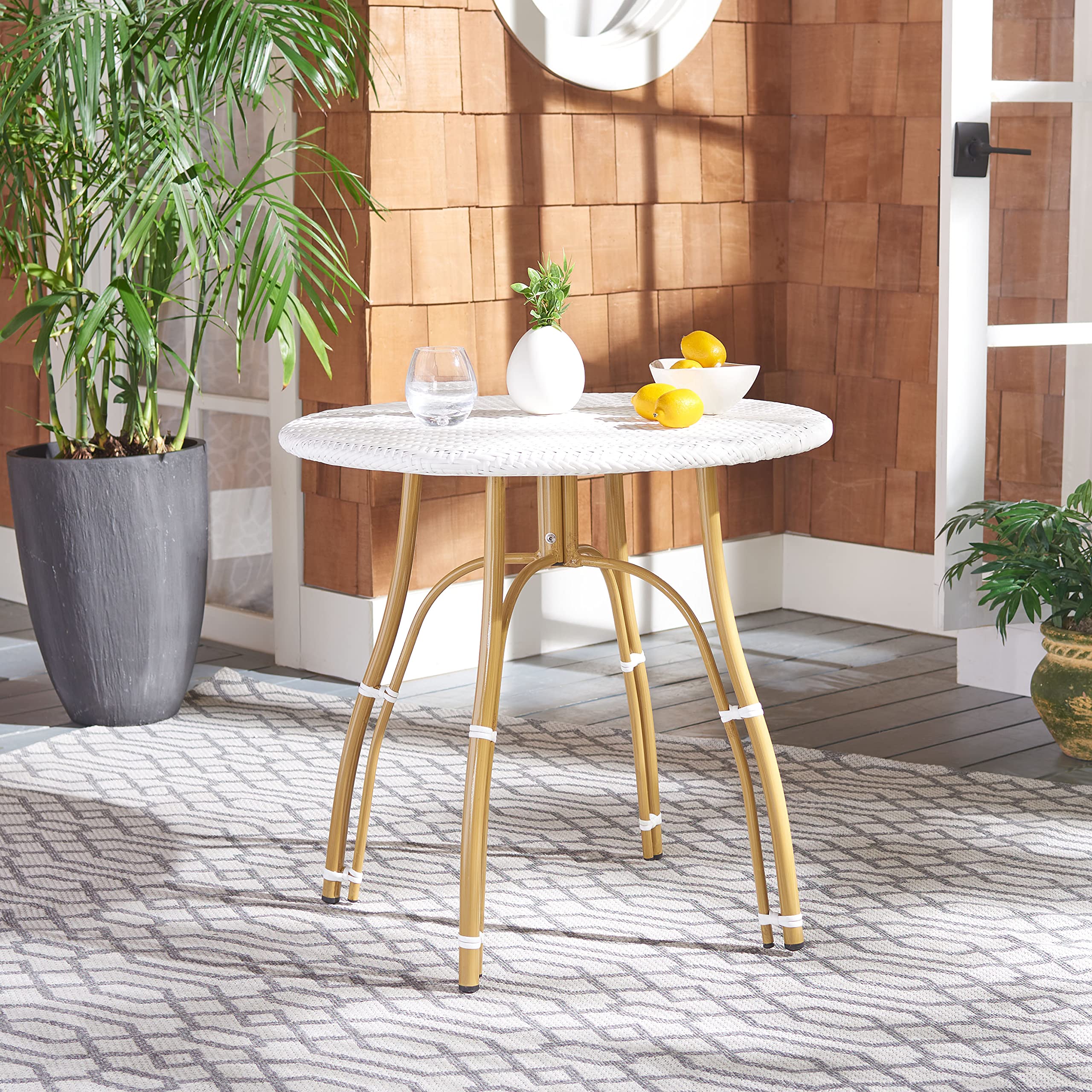 SAFAVIEH PAT4011C Outdoor Rattan Bistro Table - Weather-Resistant White Wicker Dining Set for Patio, Garden, Poolside & Balcony - Perfect for Outdoor Entertaining & Relaxation