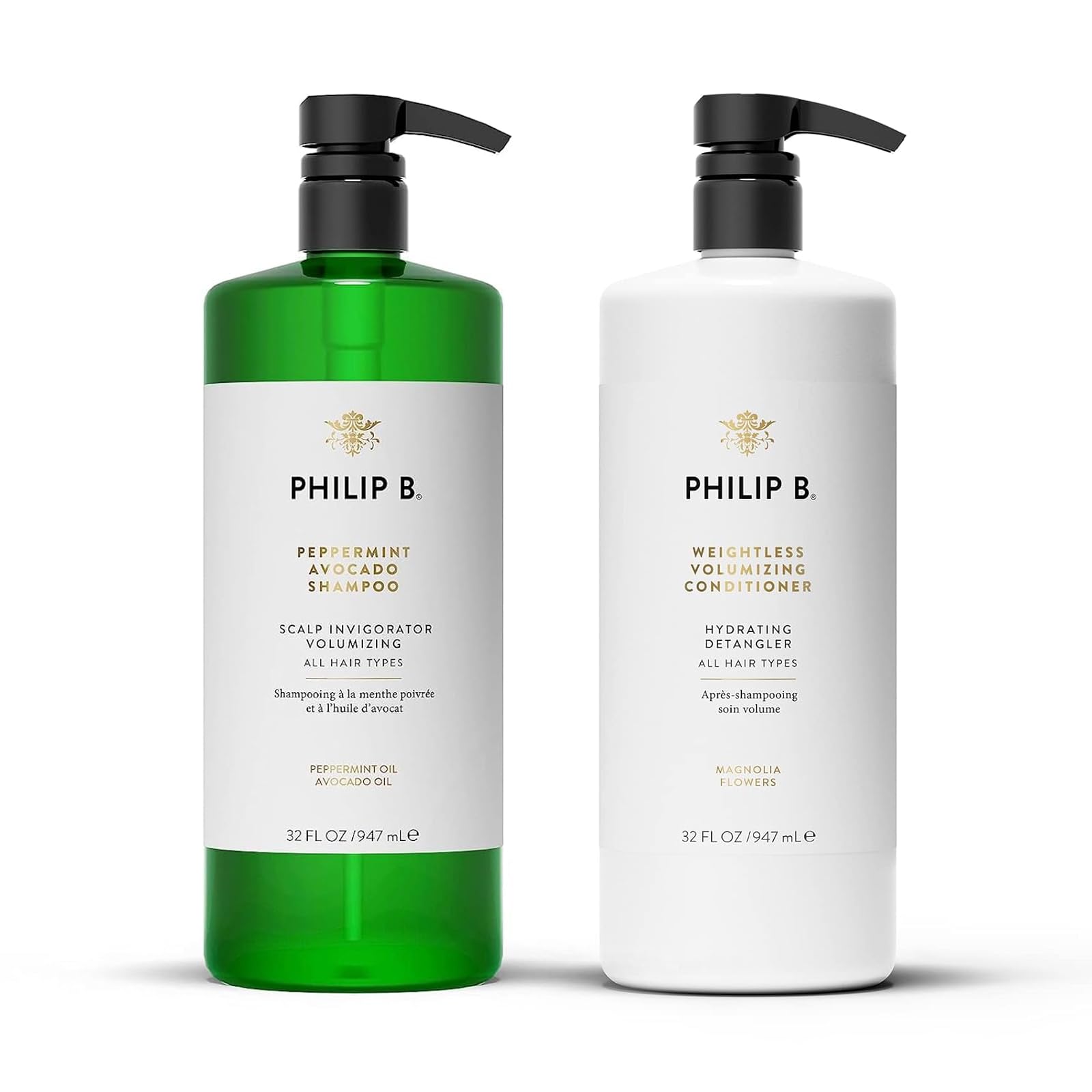 PHILIP B. Peppermint Avocado Shampoo & Volumizing Conditioner Set - 32 oz Each for Deep Cleansing & Hair Growth | Perfect for Dry Scalp & Thinning Hair Care Routine