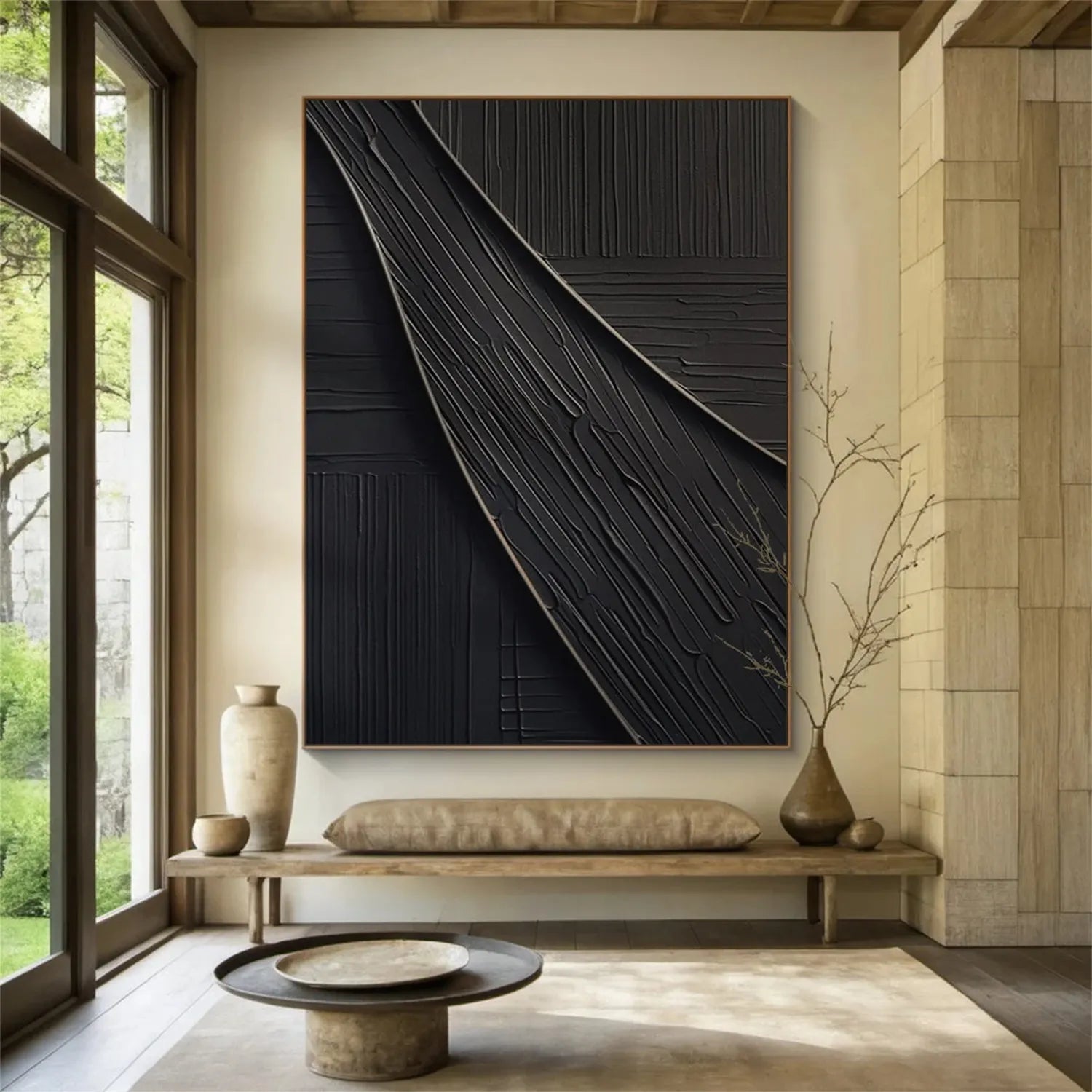 Black Plaster Art Minimalist Textured Wall Painting - Modern Abstract Home Decor for Living Room, Bedroom & Office #MZ112