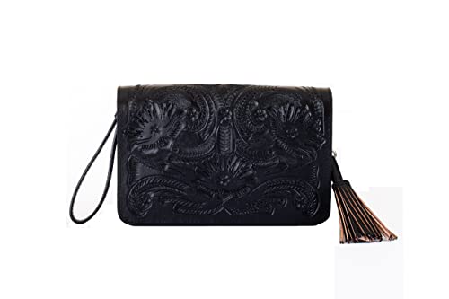 Handmade Leather Clutch Bag for Women - Elegant Brenda Black Model (Maagu) with Carved Design, Perfect for Essentials | Ideal for Evening Parties, Weddings & Date Nights